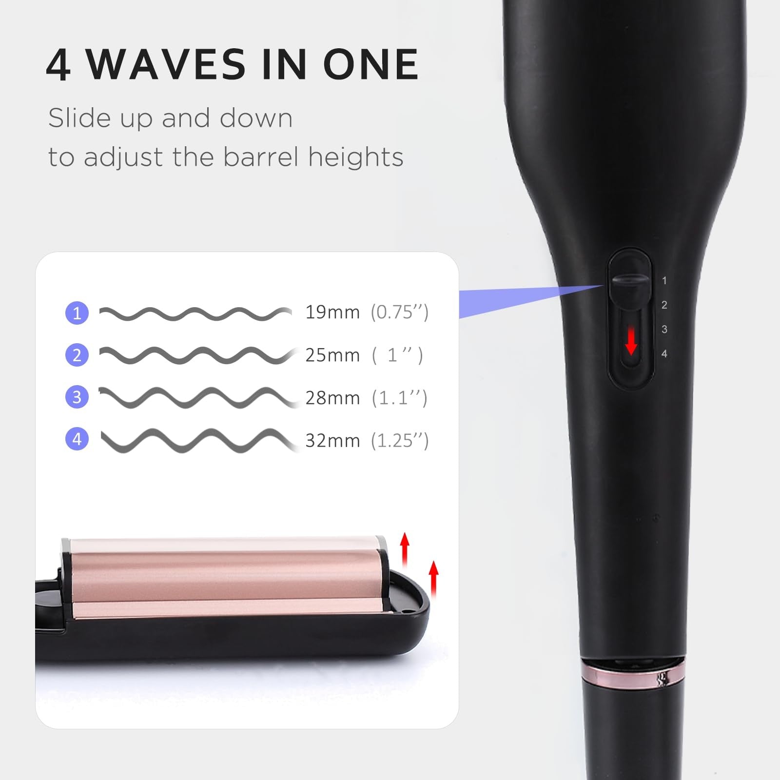 janelove 4-in-1 hair crimper, waver, beach waves curling iron showing various styling barrels for different hair looks