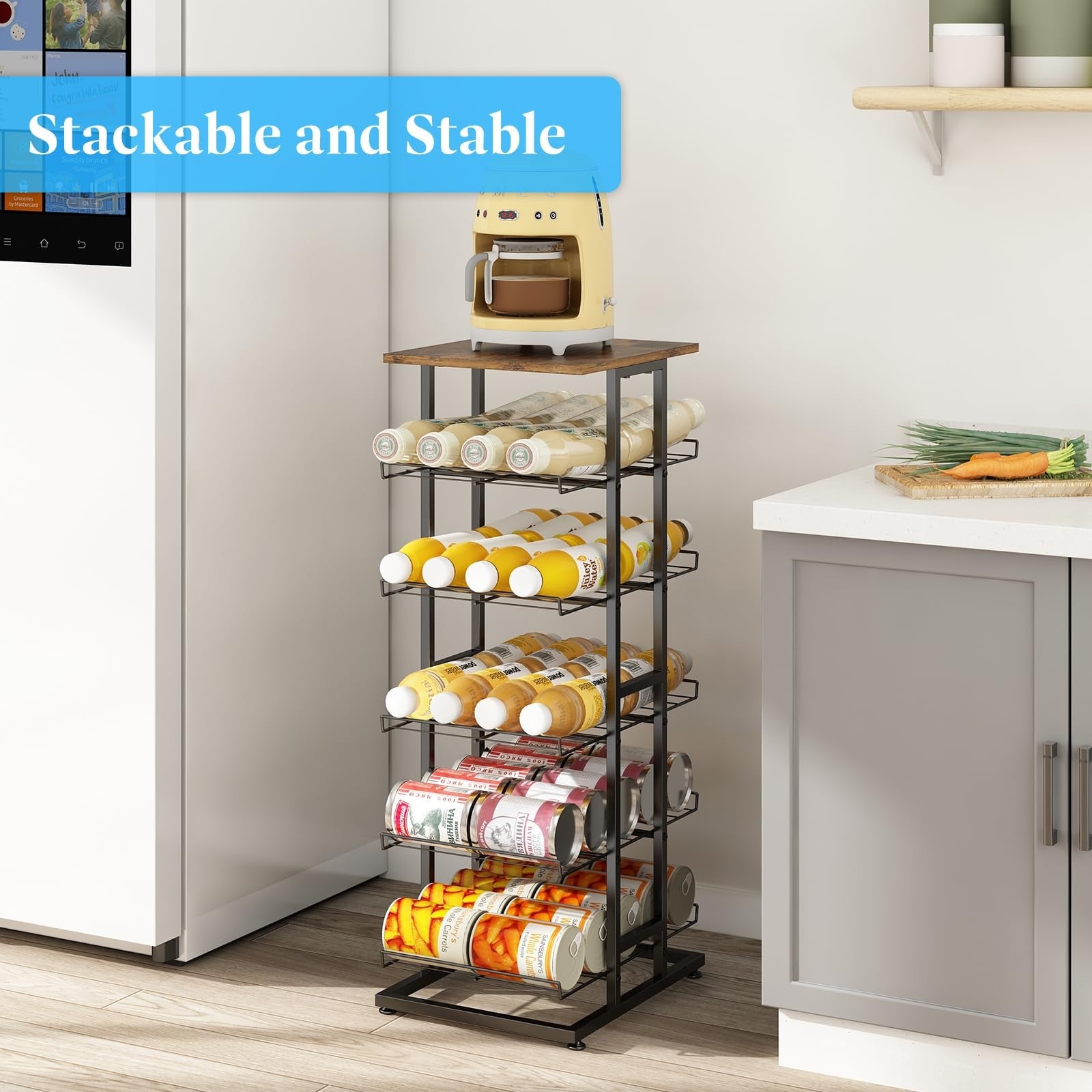GILLAS multi-tier water bottle storage rack with wooden tabletop and metal frame, ideal for organizing beverage bottles.