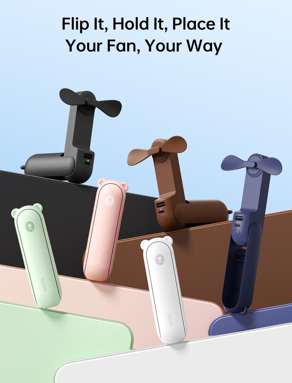 JISULIFE handheld mini fan with 3-in-1 design, USB rechargeable, portable power bank, and flashlight in a compact, lightweight form.