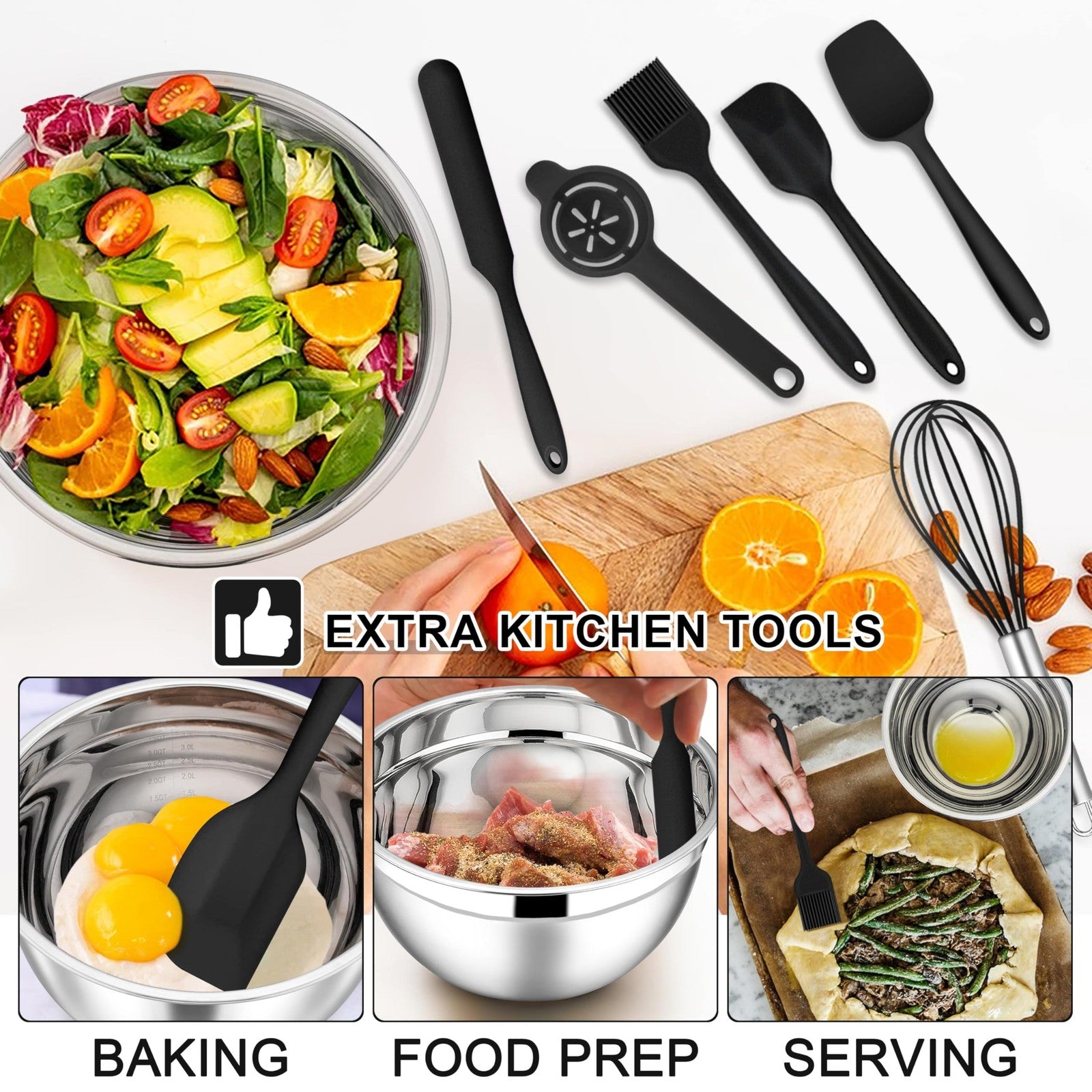 E-far 21-piece stainless steel mixing bowls set with lids, including various sizes for salads, baking, and food prep.