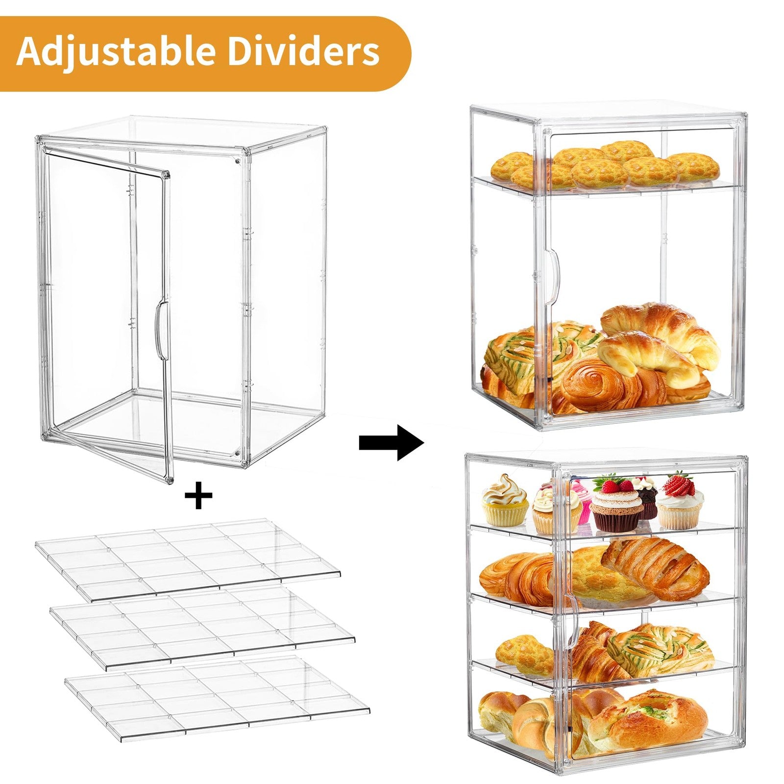Attelite pastry display case with 4 adjustable clear layers for bread and baked goods in a kitchen setting.