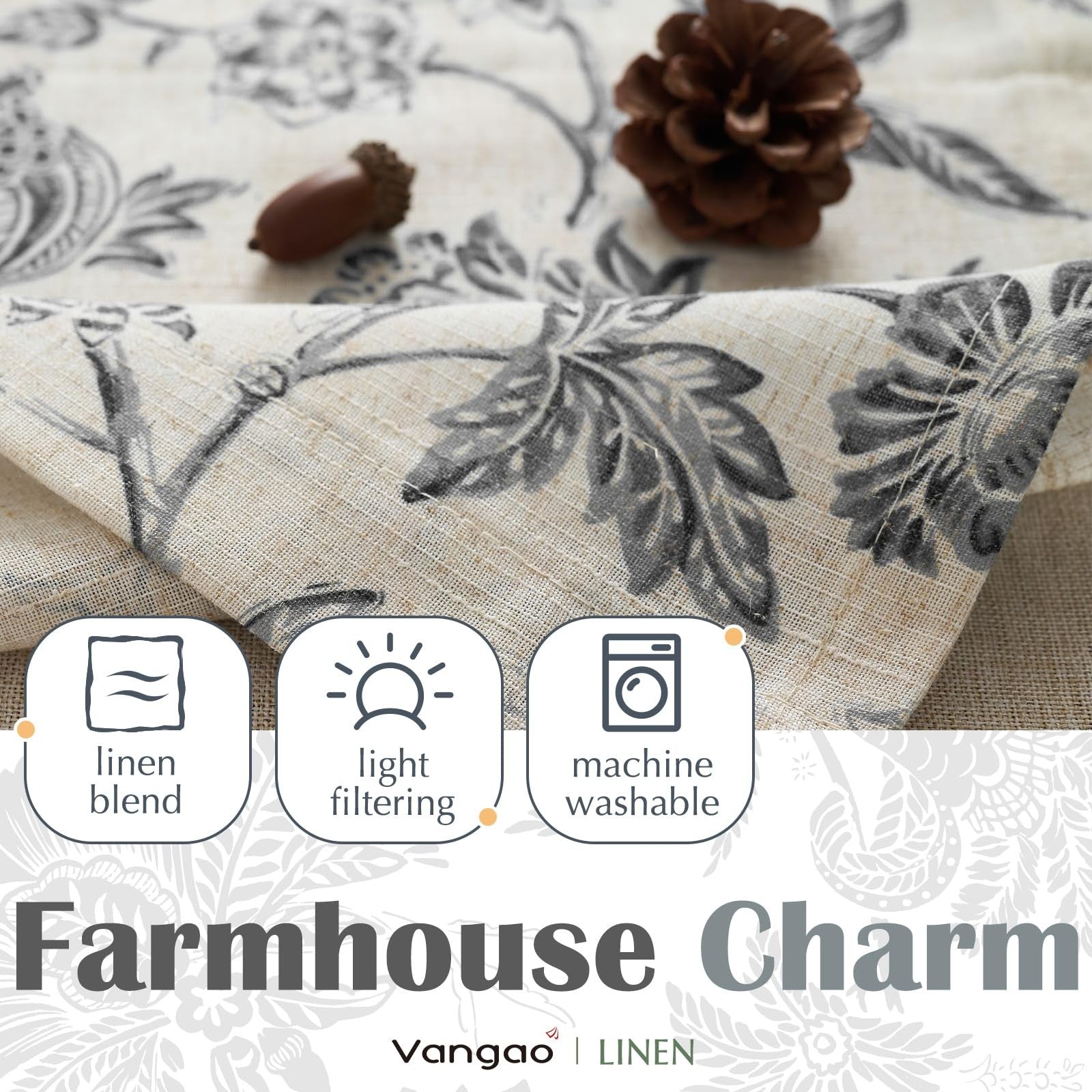Vangao linen farmhouse floral valance curtain with small window design, featuring cottage-style decor and double-layer fabric.
