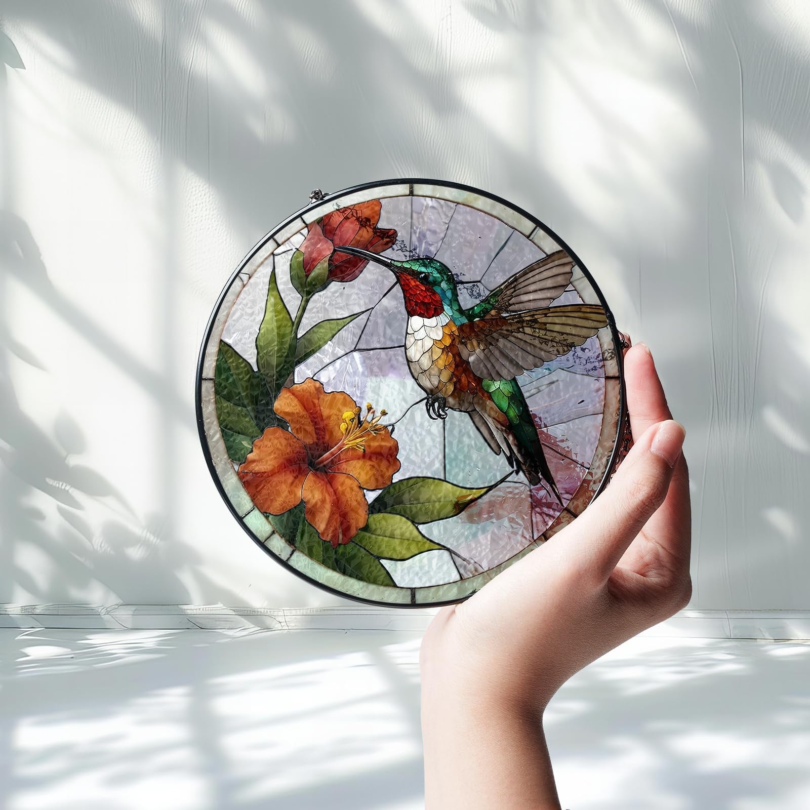 Vinatimes 6-inch green hummingbird stained glass suncatcher with colorful flowers, decorative art glass bird for window display