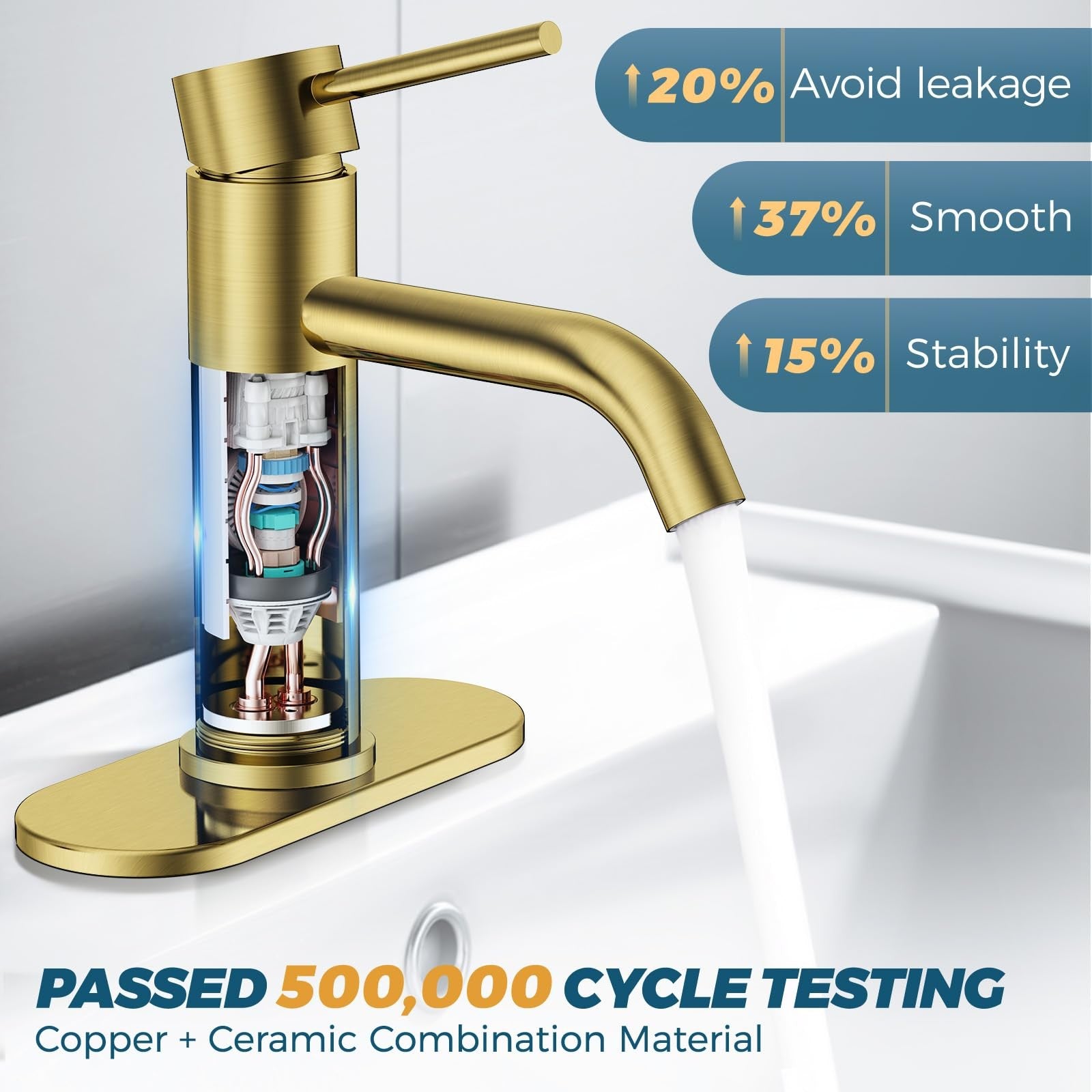 FORIOUS gold stainless steel bathroom sink faucet with single-hole design, featuring a sleek modern look.