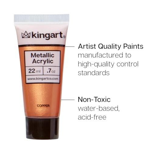 KINGART metallic acrylic paint set with 24 colorful 0.74 oz tubes, displayed with paint tubes and color swatches.