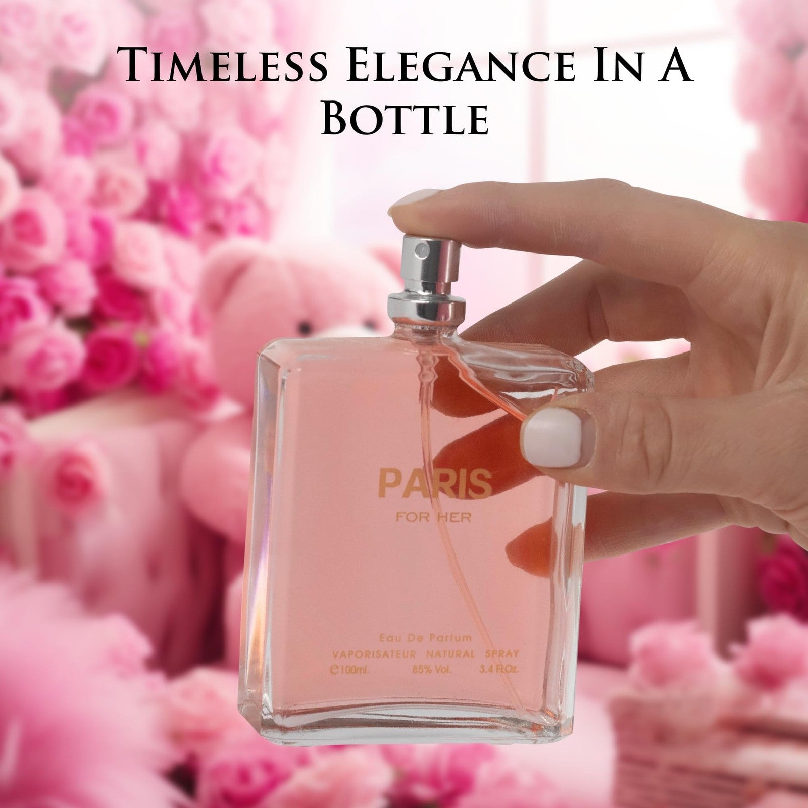 Novoglow Paris For Her Eau De Parfum spray for women, featuring a sleek perfume bottle with floral and elegant design.