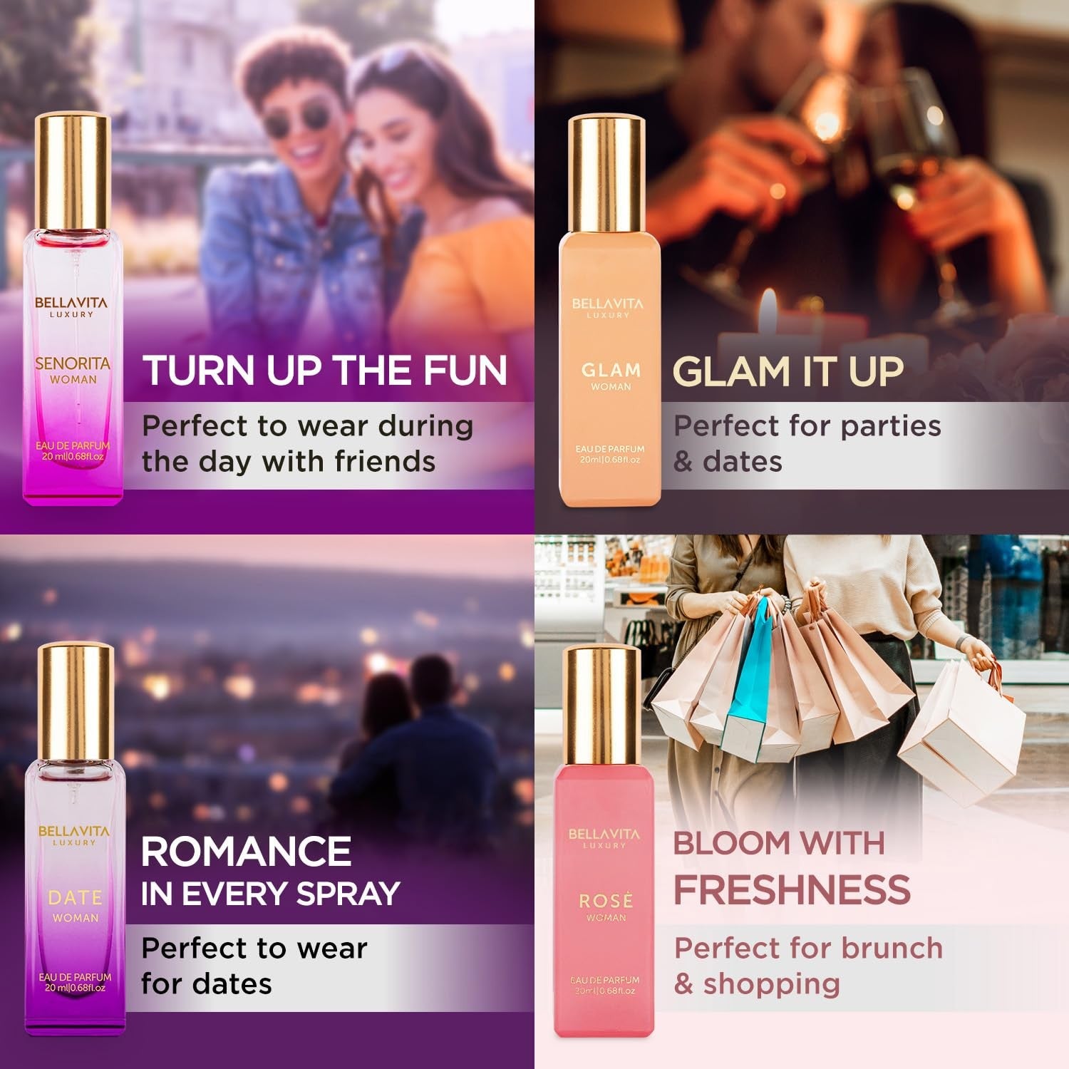 BellaVita Luxury women's perfume gift set with four 20ml bottles featuring floral, sweet, and spicy fragrance scents.