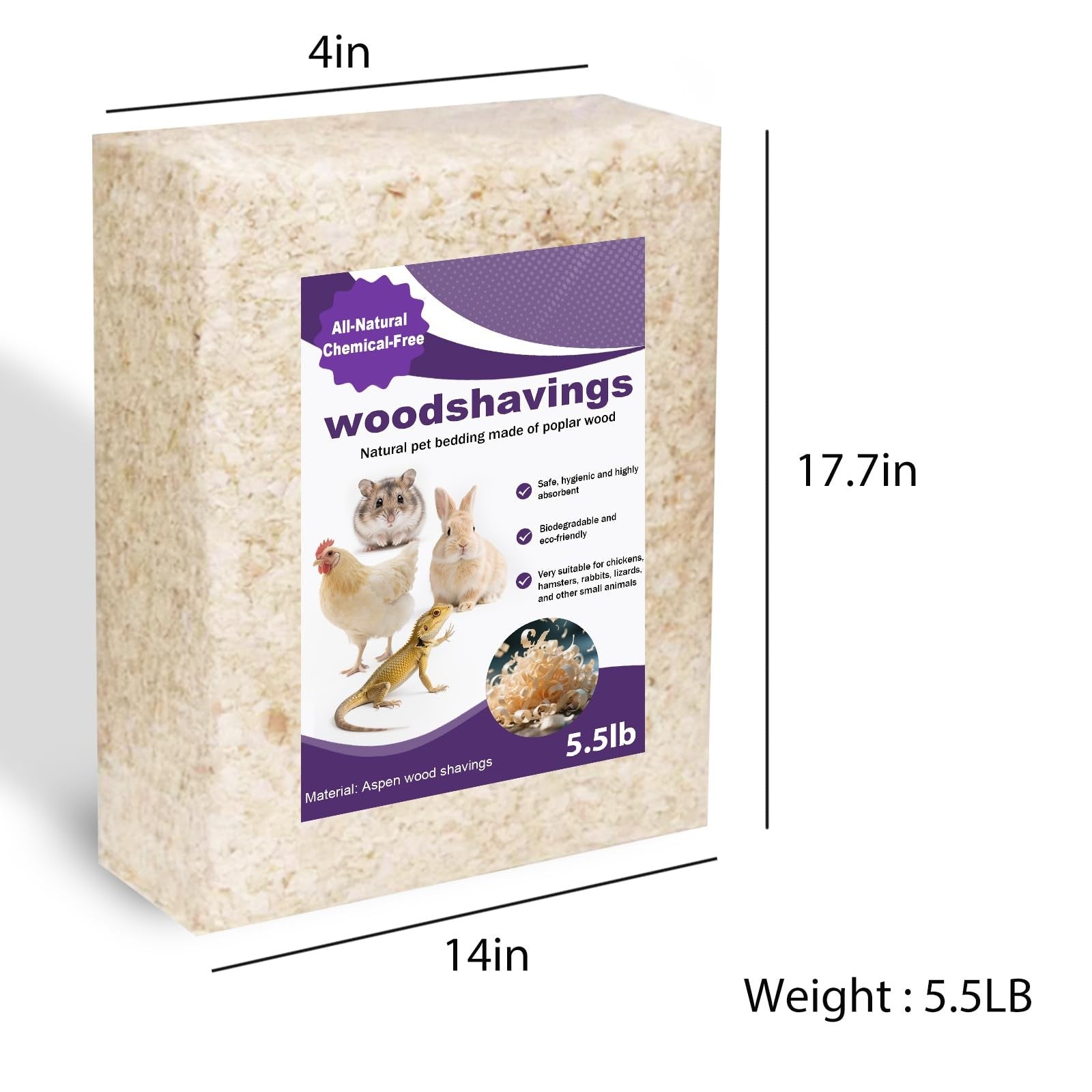 XXYOUPIN natural Aspen shavings pet bedding in a 5.5 lb bag, low-dust, chemical-free, and ultra-absorbent for small animals.