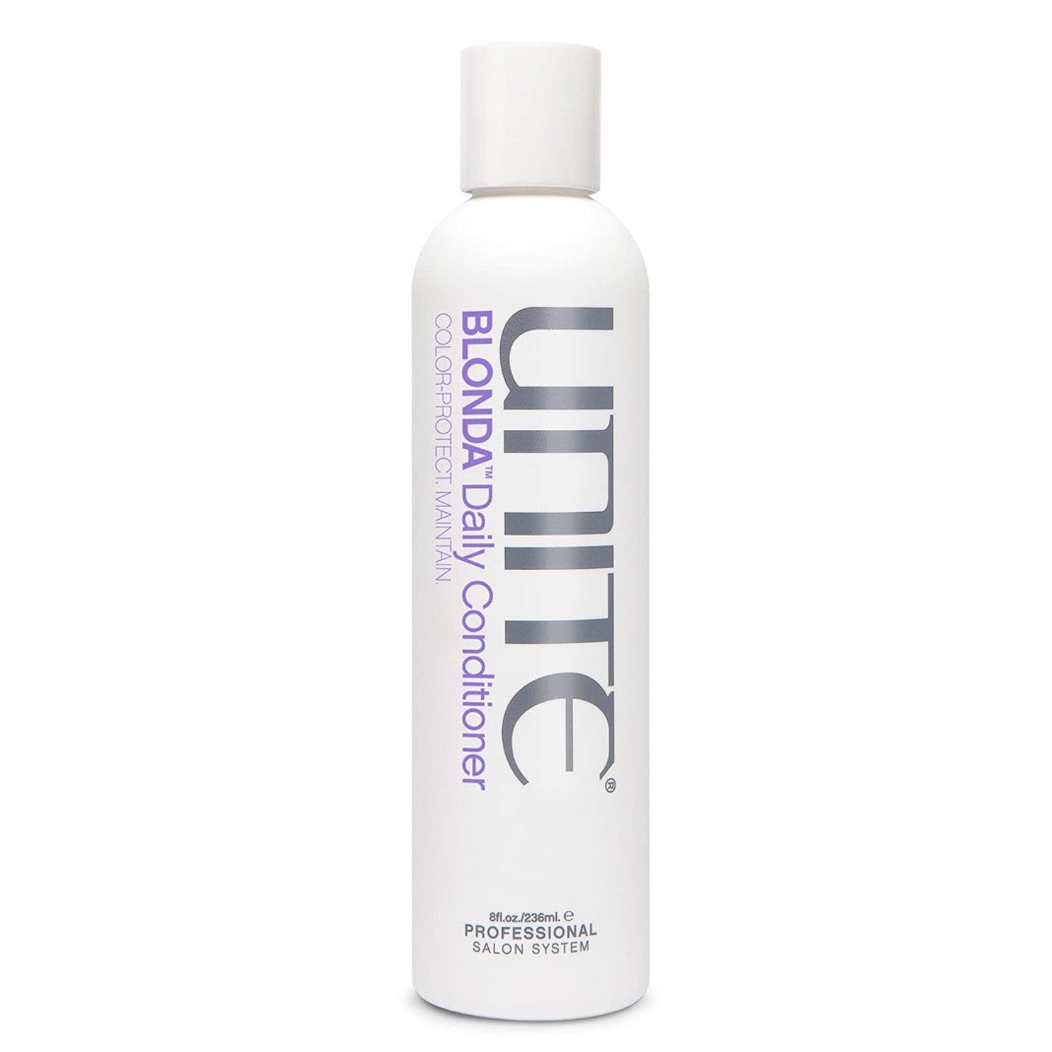 UNITE BLONDA Daily Conditioner in purple formula, shown in a bottle, designed to maintain blonde hair and provide hydration.