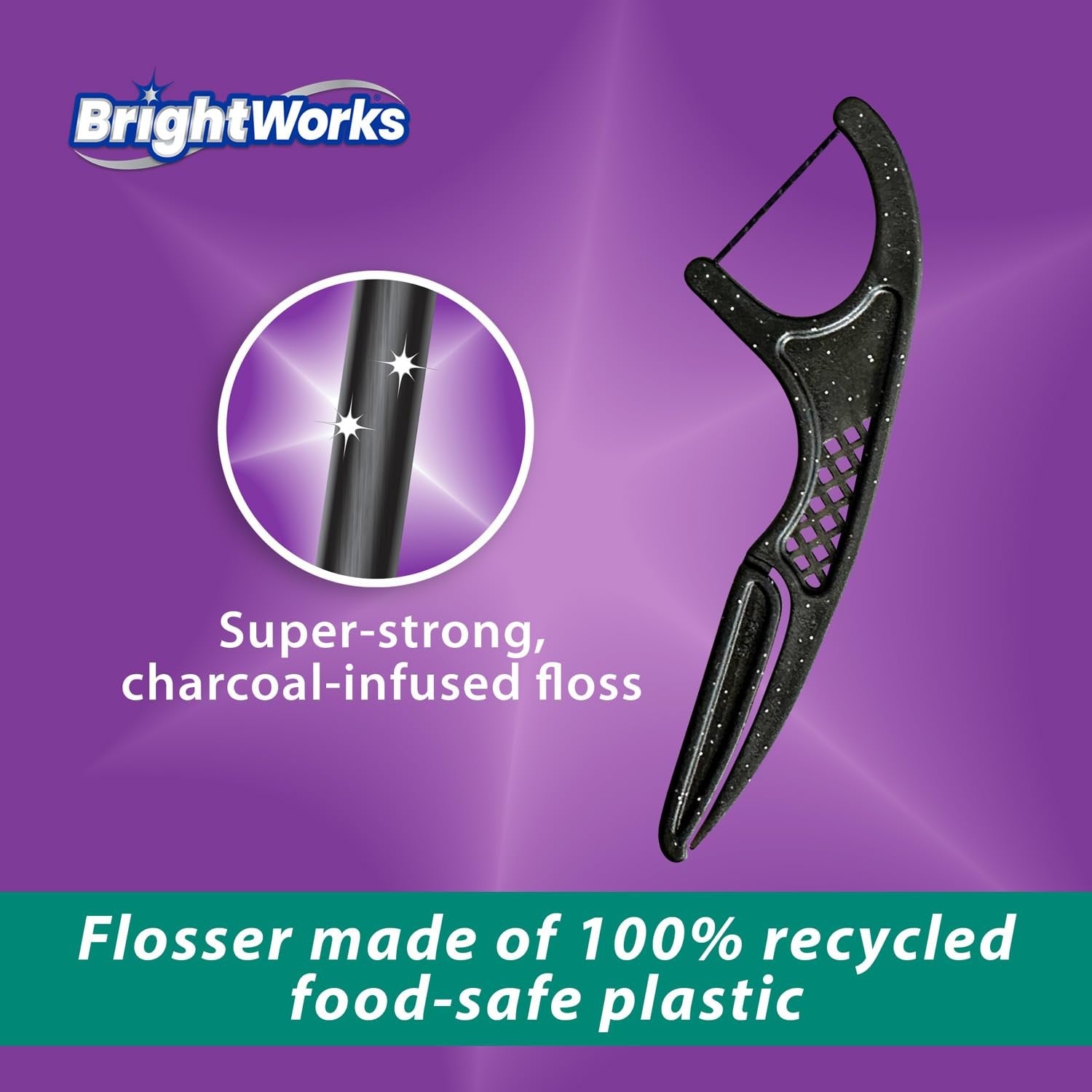 BrightWorks ECO sustainable floss picks, PFAS-free, 225 count, made in the USA, with biodegradable handles and floss for oral hygiene.