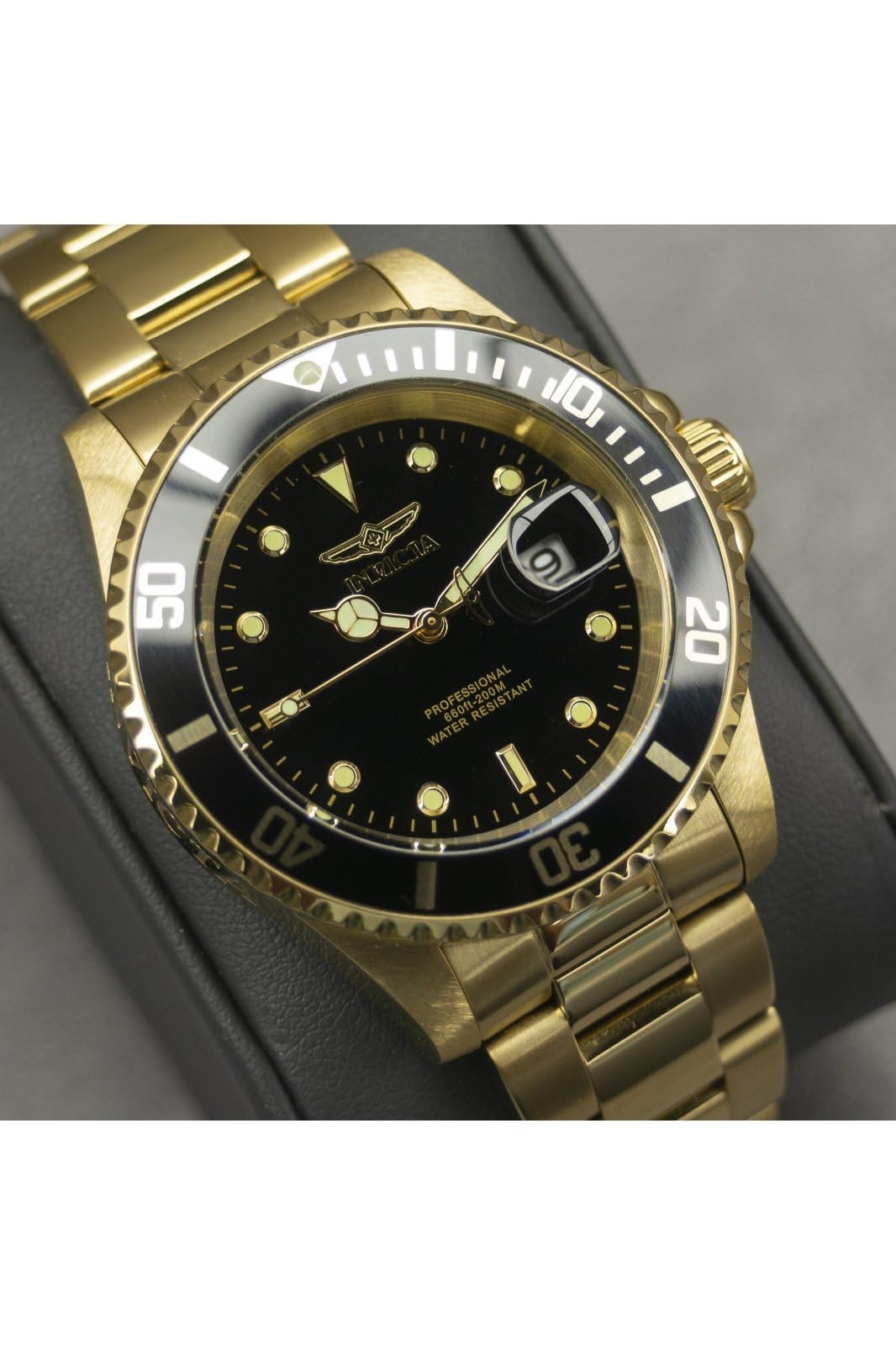 Invicta Pro Diver men's gold quartz watch with 20mm stainless steel band, displayed in a box.