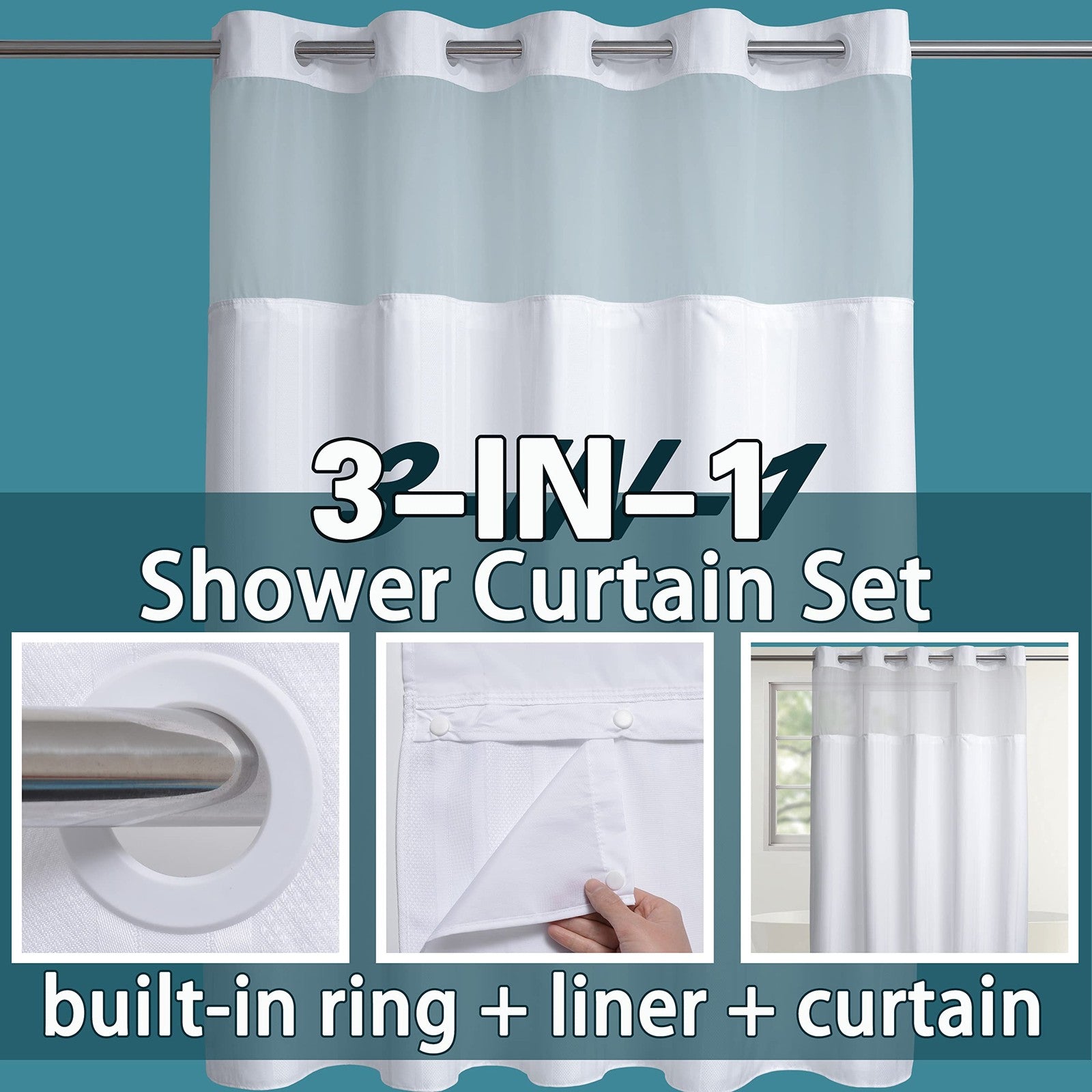 Extra long Conbo Mio No Hook waffle weave shower curtain with snap-in liner set, showing textured fabric and metal snap closures.