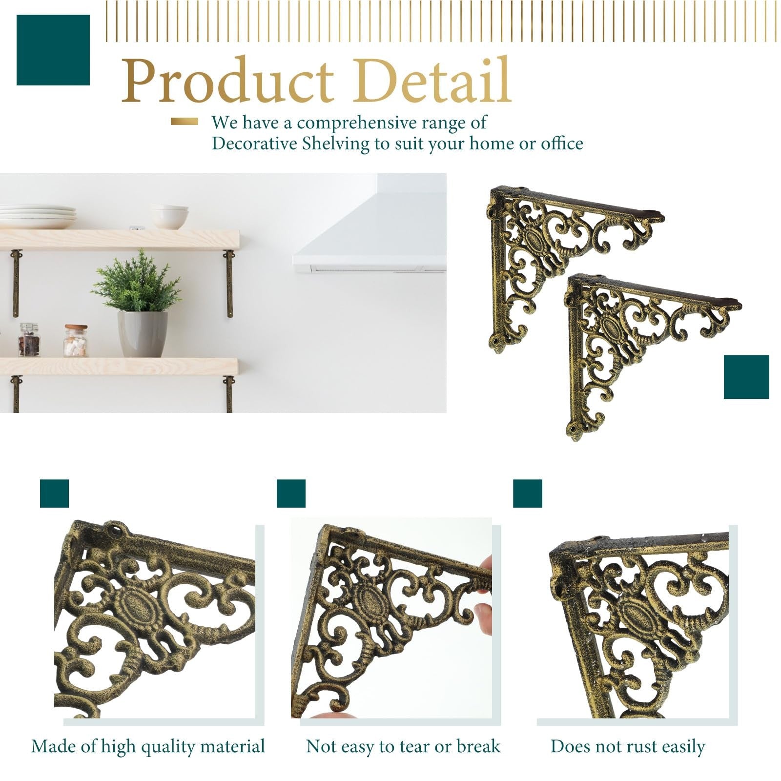Lounsweer 4-pack heavy duty antique brass shelf brackets, 8-inch wall-mounted shelf supports with ornate design.