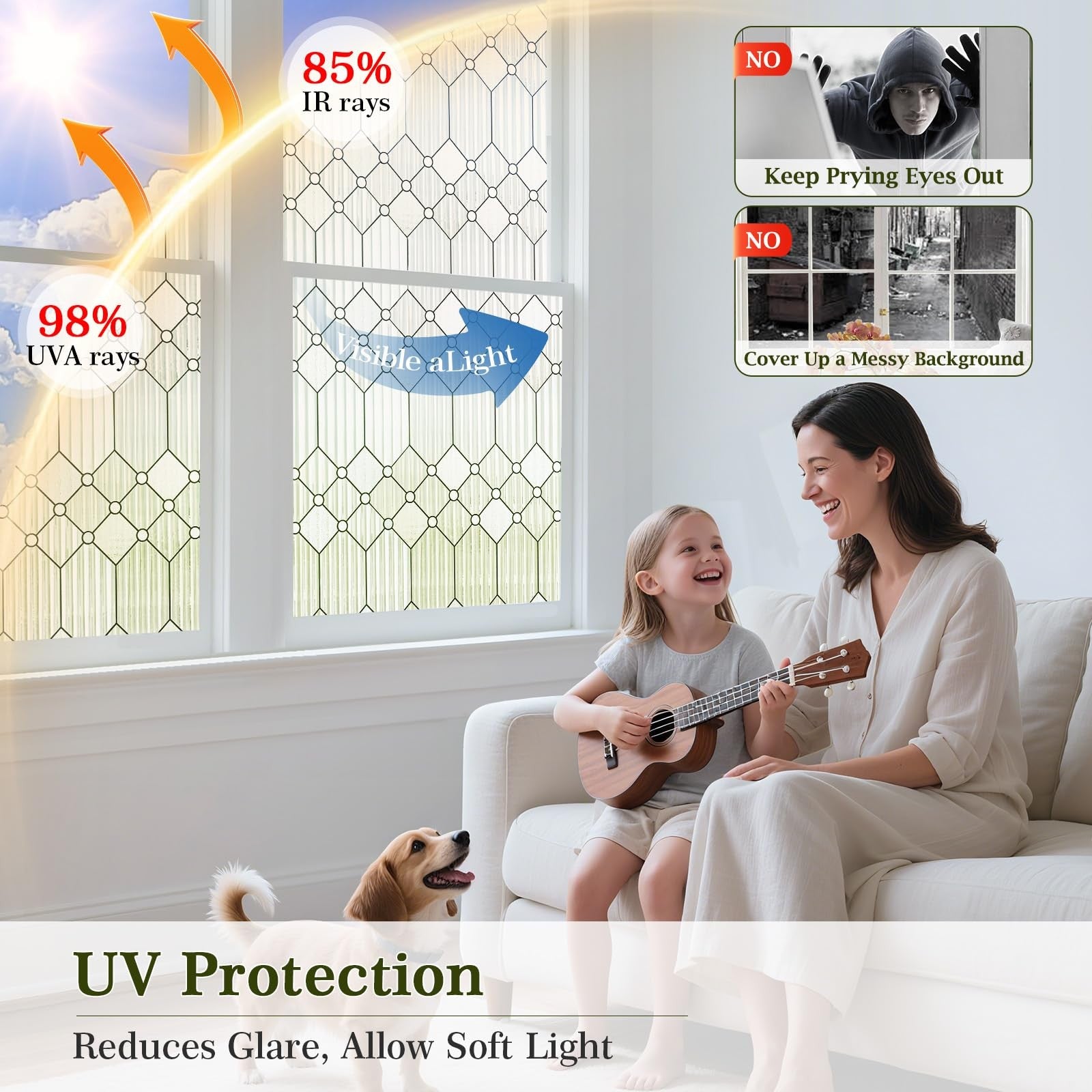 SUNBABY reeded frosted glass window privacy film showing decorative textured design for bathroom privacy and style