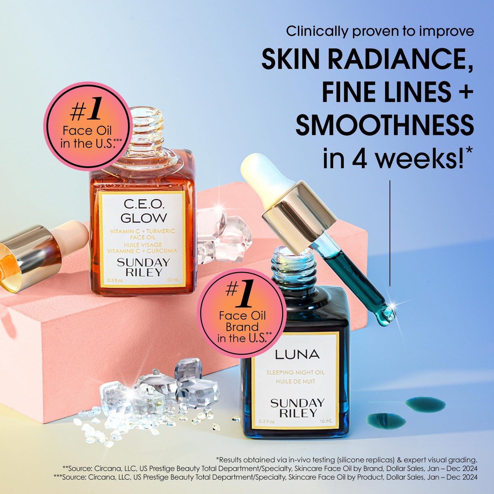 Sunday Riley Day + Night Brighten and Plump Set with Vitamin C and Retinol face oils, displayed in white jars with product labels.