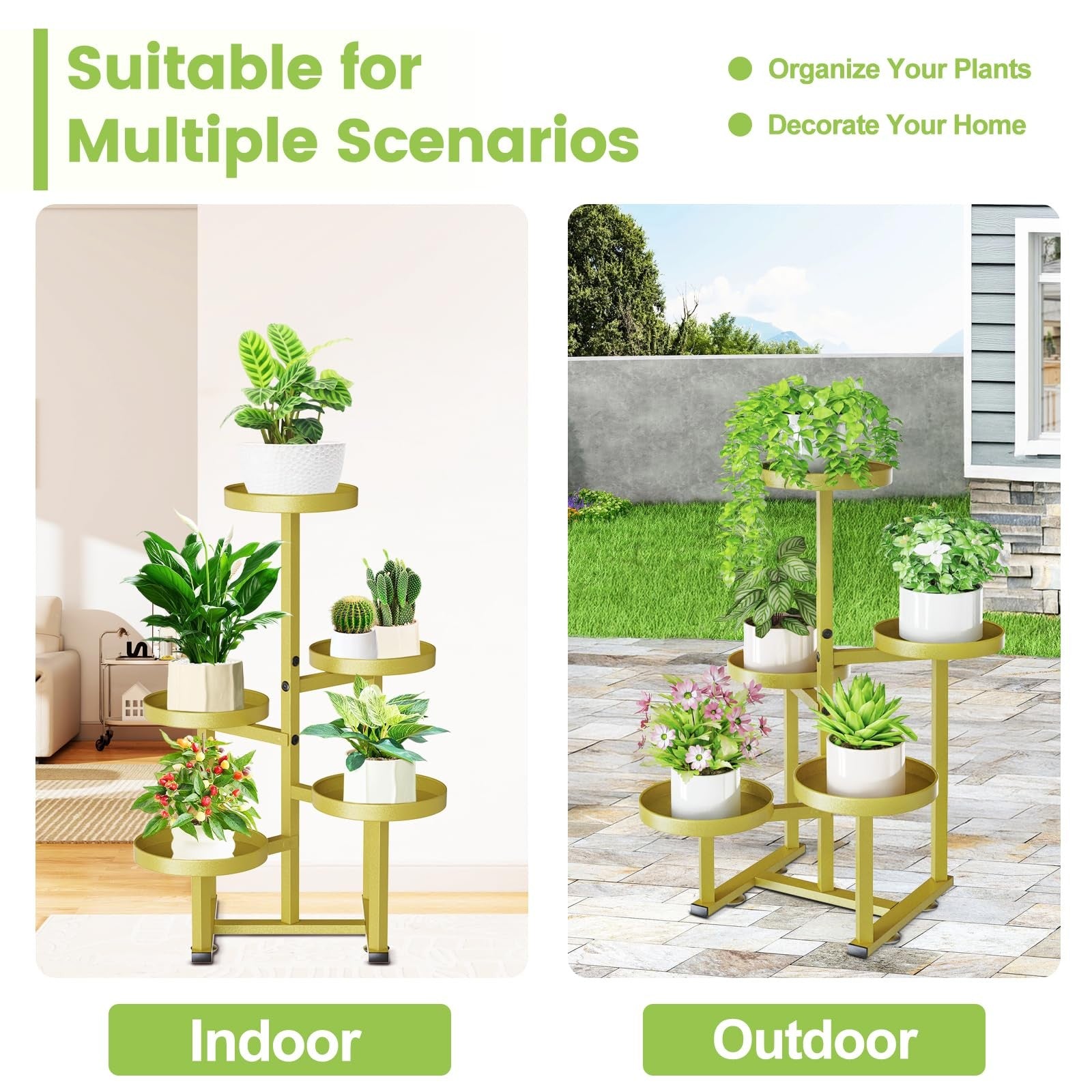 JSYONII 5-tier gold metal plant stand for indoor and outdoor use, corner tiered plant shelf with multiple levels for displaying plants.