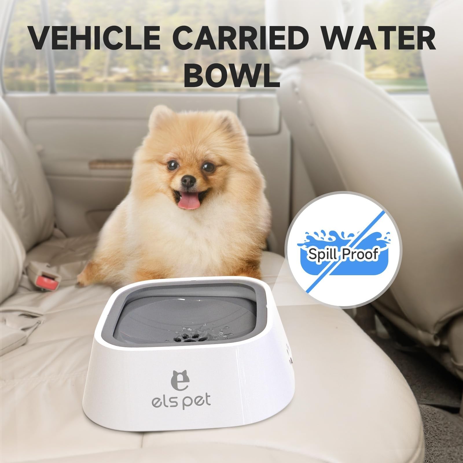 ELS PET No-Spill Travel Dog and Cat Water Bowl with slow feeder design, 1L capacity, anti-splash, portable pet water dish