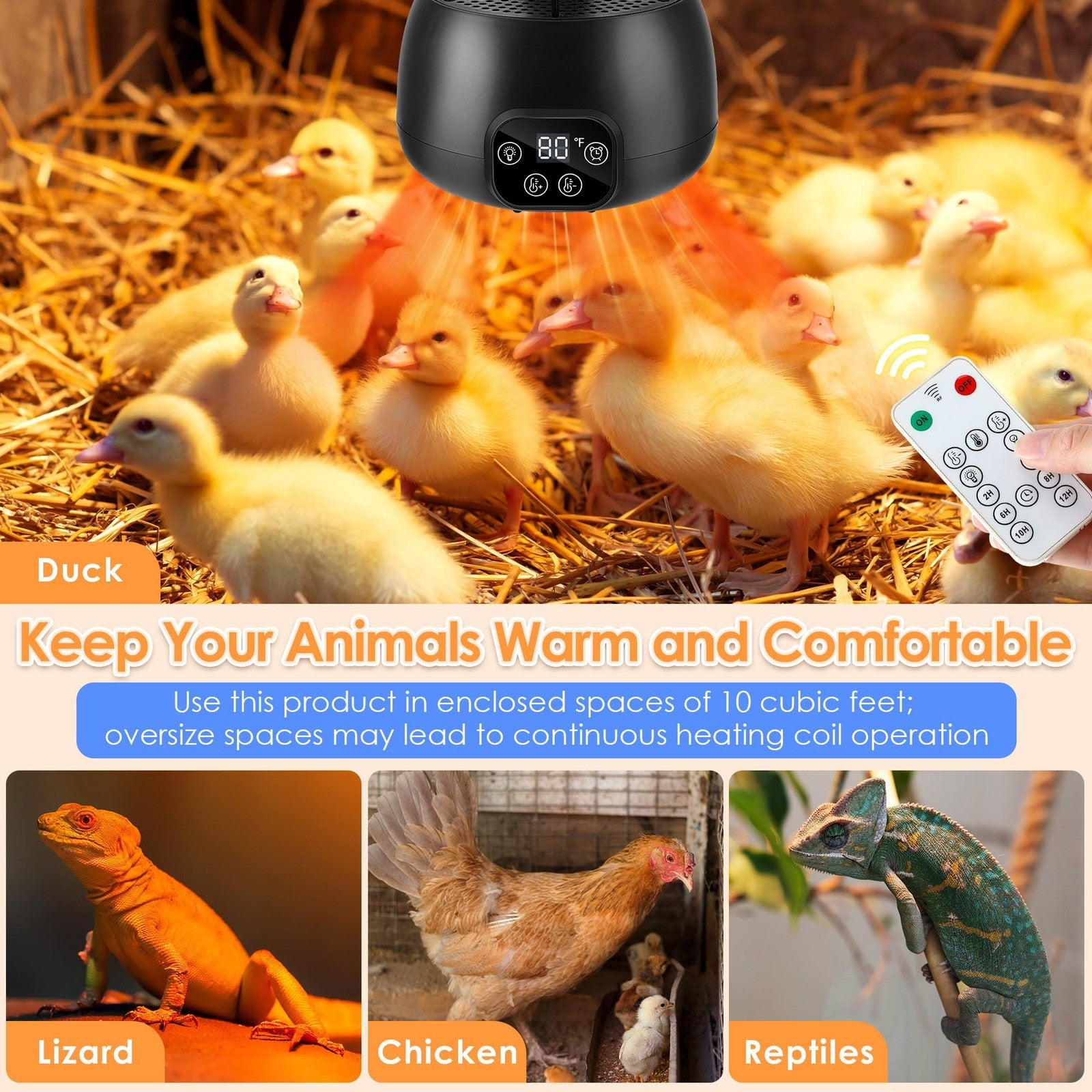 Gulfmew 200W chicken coop heater with remote control and temperature adjustment, designed for poultry warmth and comfort.