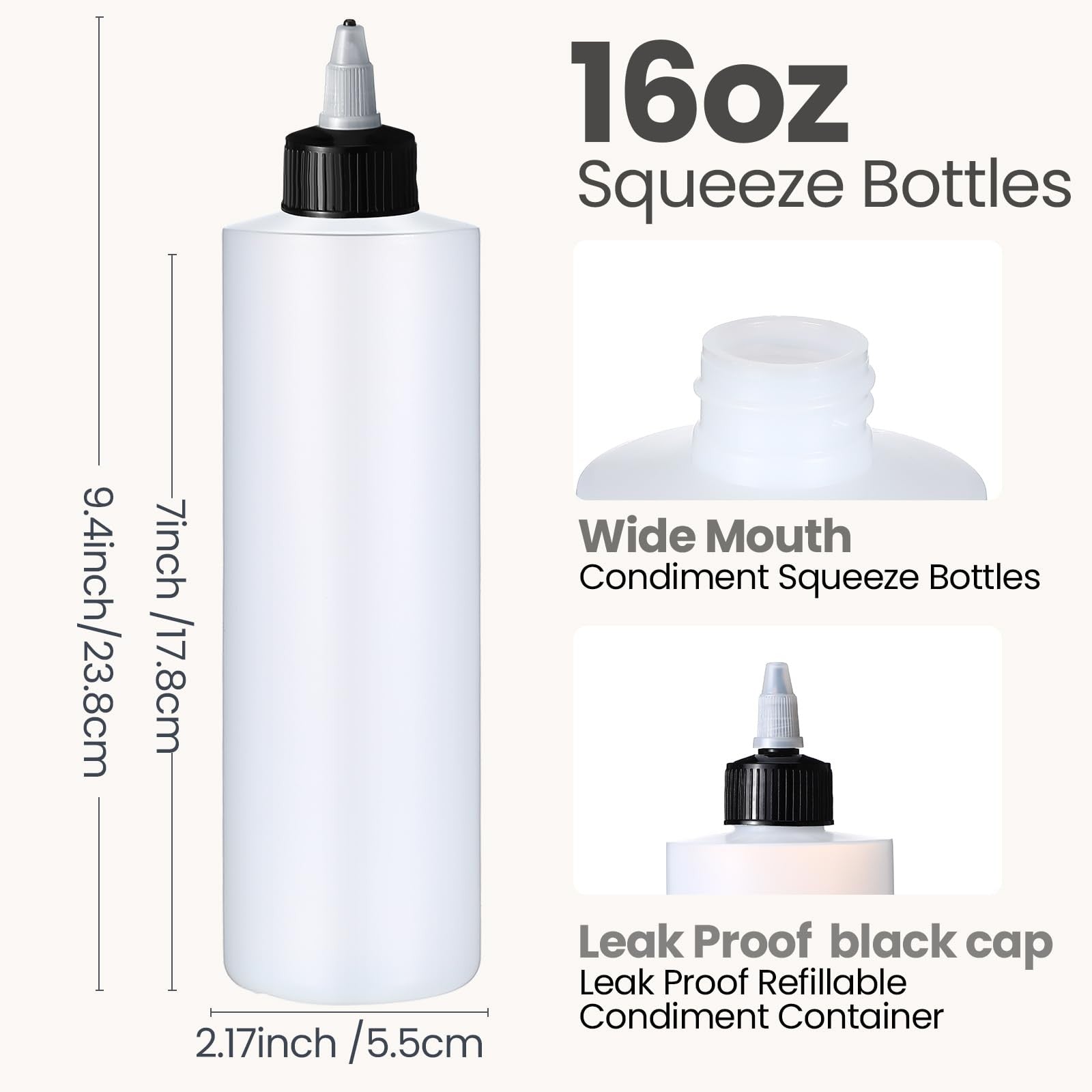 Irenare 30-pack black 16oz plastic condiment squeeze bottles for sauces, BBQ, and dressings, shown with caps and nozzles.