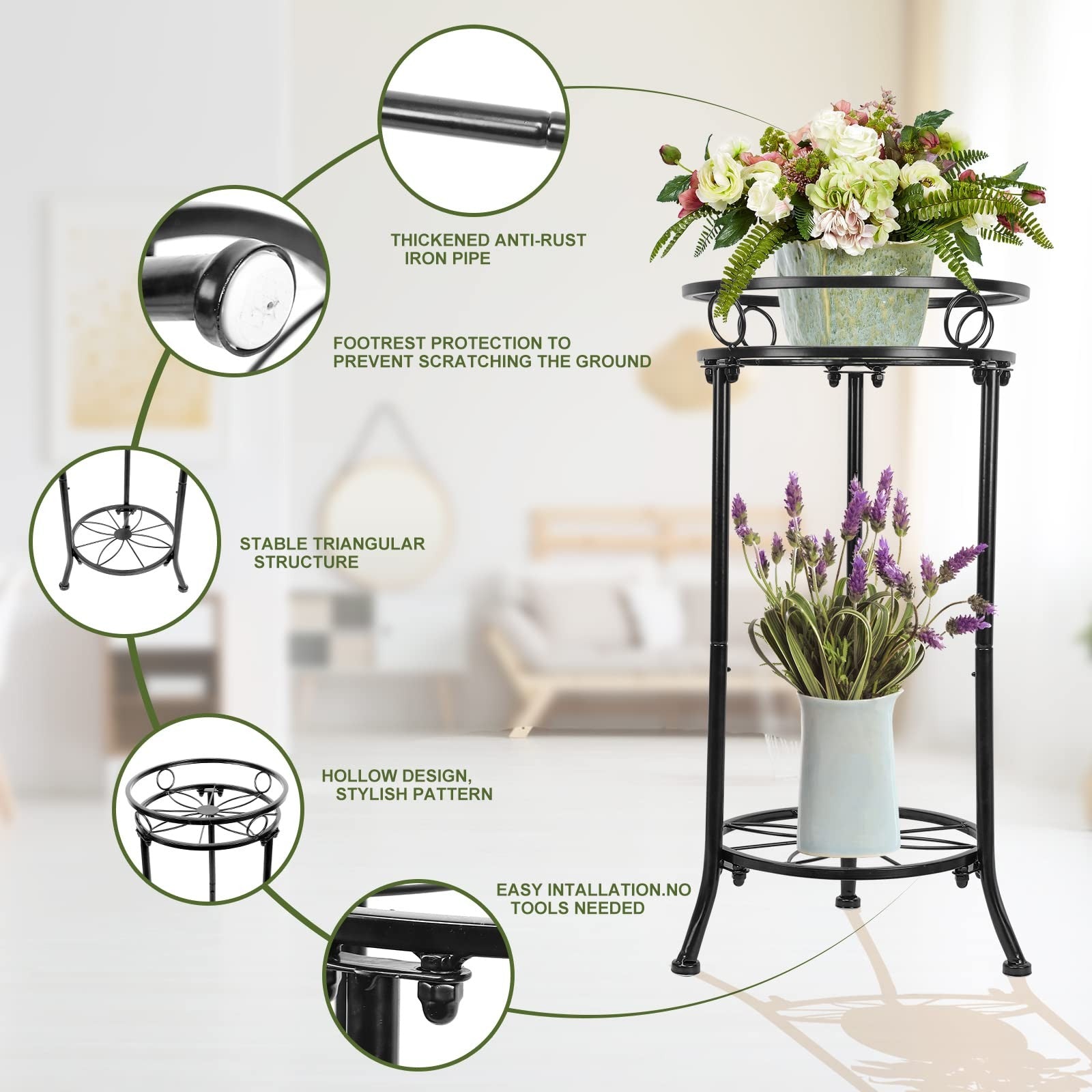 YHIJURS 2-pack 20.3-inch indoor outdoor 2-tier metal plant stands, tall black plant stands with multiple shelves for indoor and outdoor use