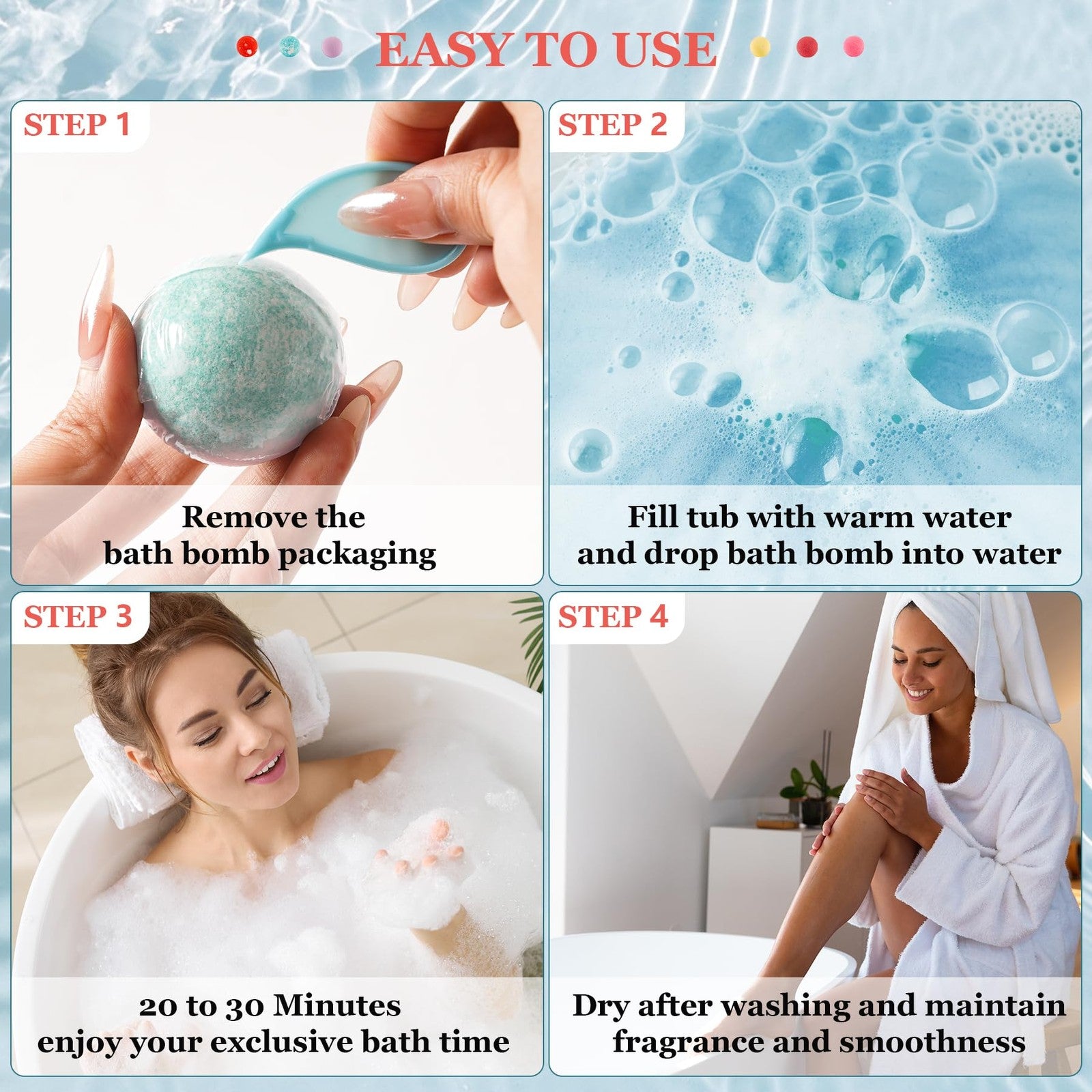 IvyWorkshop bath bomb gift set with 50 natural organic bubble bath bombs, featuring 10 colorful, round bath bombs for women.