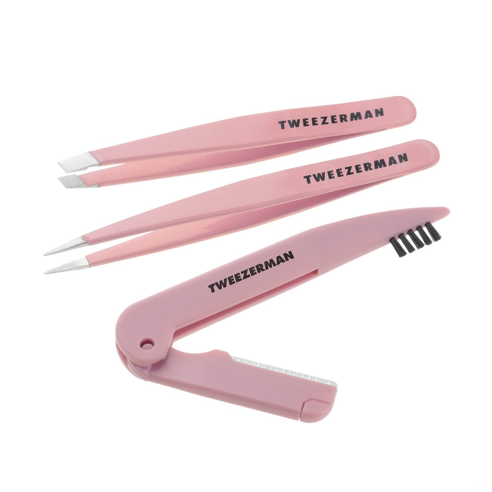 Tweezerman Tea Rose Brow Sculpting Set with tweezers, brow brush, and shaping tools for precise eyebrow grooming.