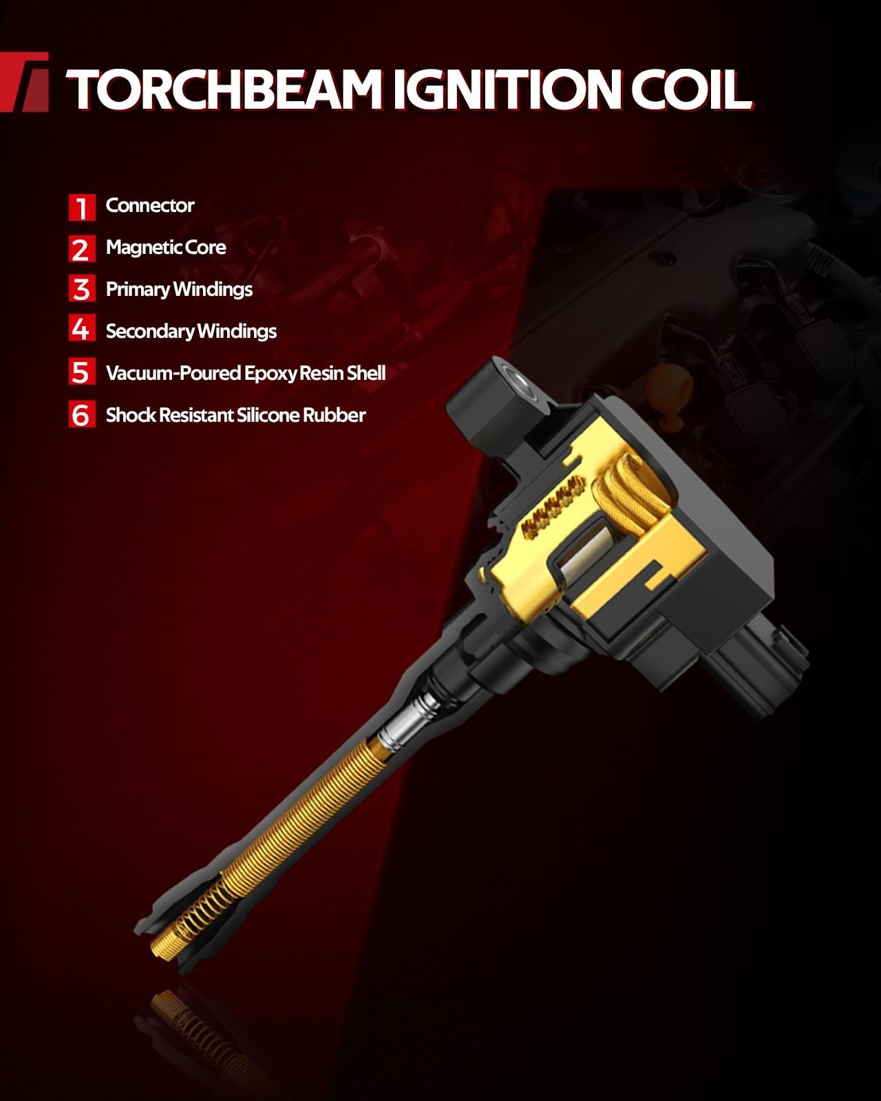Torchbeam 4x UF652 ignition coils for Hyundai Accent, Veloster, Kia Rio, and Soul 1.6L engines, shown in the image.