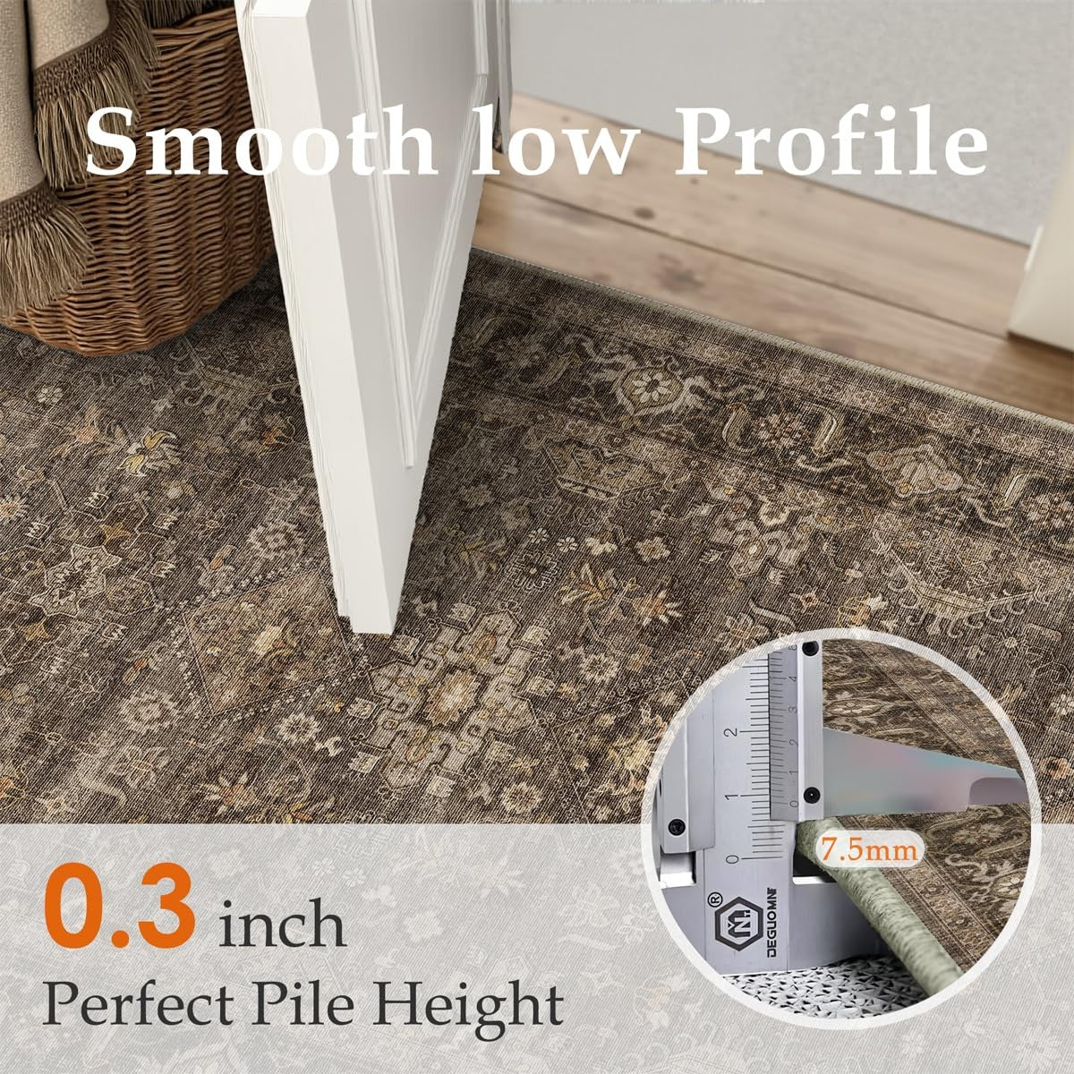 WondRg vintage brown washable runner rug for hallway and kitchen with non-slip low pile, featuring a classic design and durable fabric.