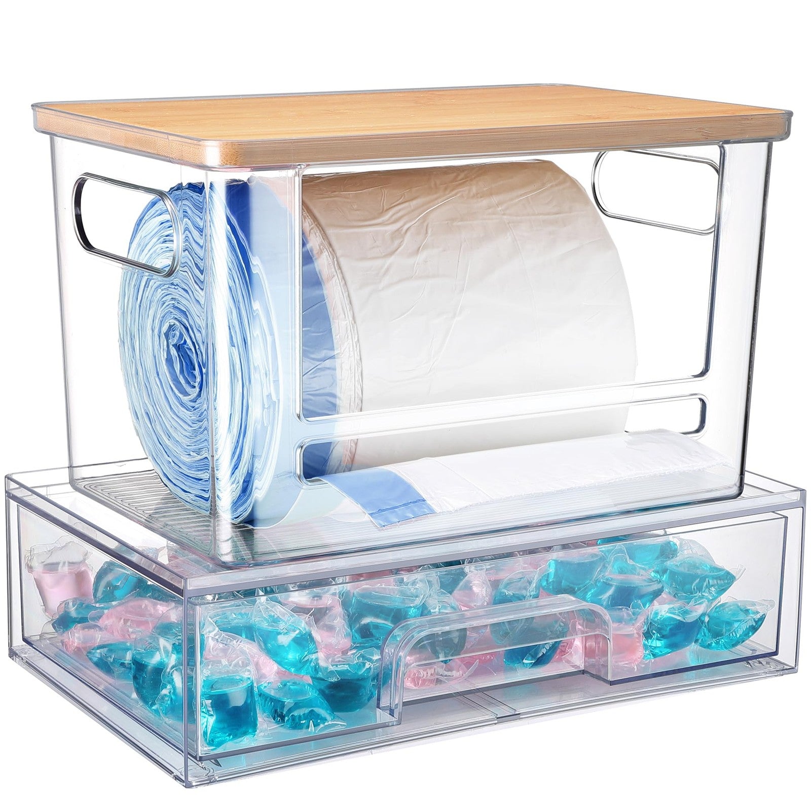 YAFFWA 2-piece trash bag holder under sink, stackable storage for laundry room organization, extra-large capacity, durable plastic.