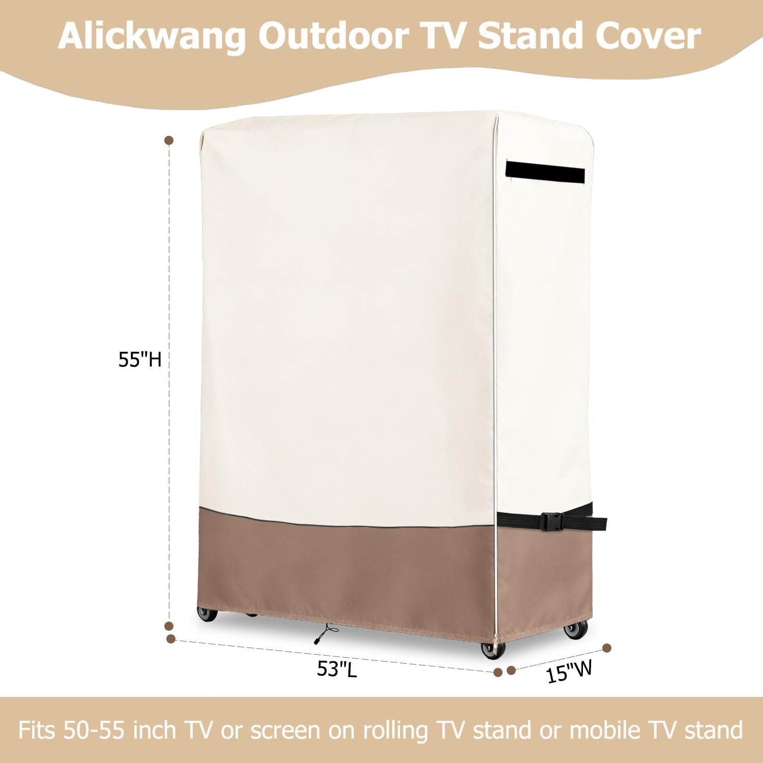 Alickwang 53-inch waterproof outdoor TV trolley cover, heavy-duty 600D material protecting a rolling TV stand from weather.