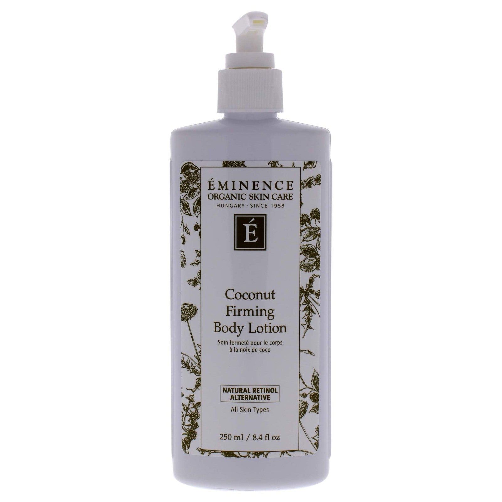 Eminence Organics Coconut Firming Body Lotion in an 8.4 fl oz bottle, showing the lotion's packaging and label.