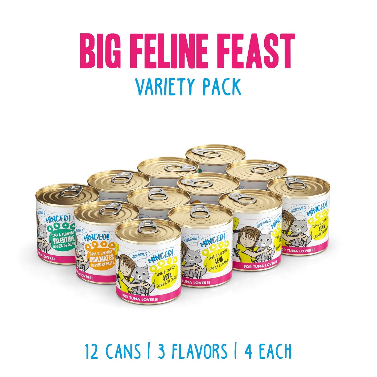 Weruva BFF Big Feline Feast minced wet cat food 10oz cans, variety pack with 12 cans, colorful cans with feline-themed labels.