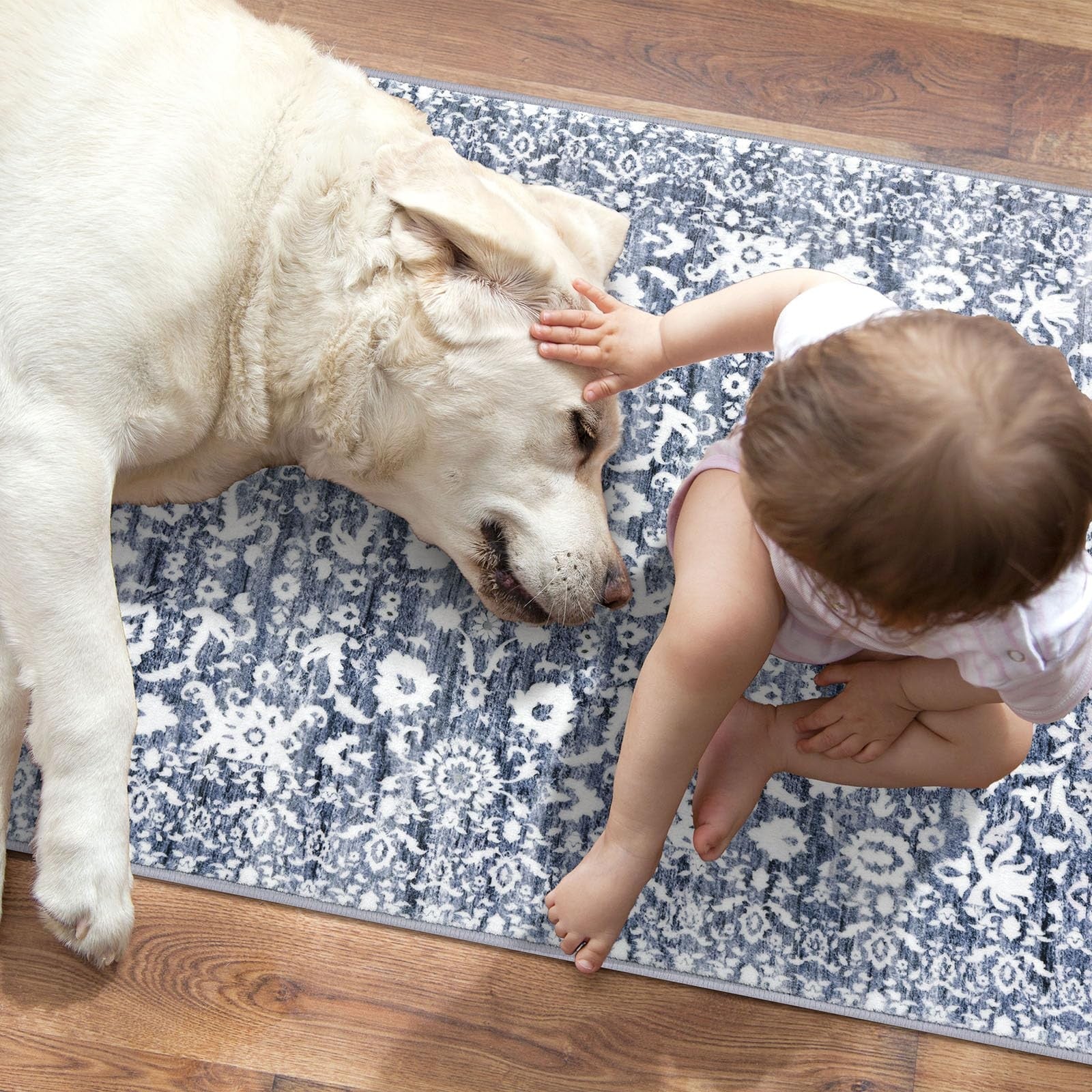 Lansny vintage floral 2x7 light blue and white washable runner rug with non-slip backing for bedroom decor.