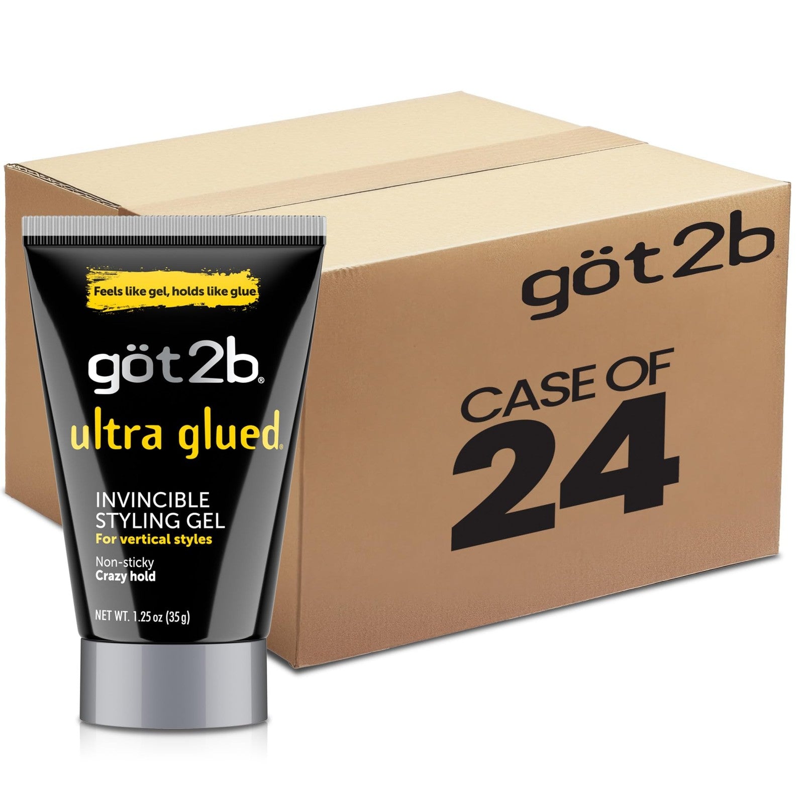 Got2b Ultra Glued Invincible Styling Hair Gel 1.25oz packs, showing the gel tubes with vibrant packaging and branding.