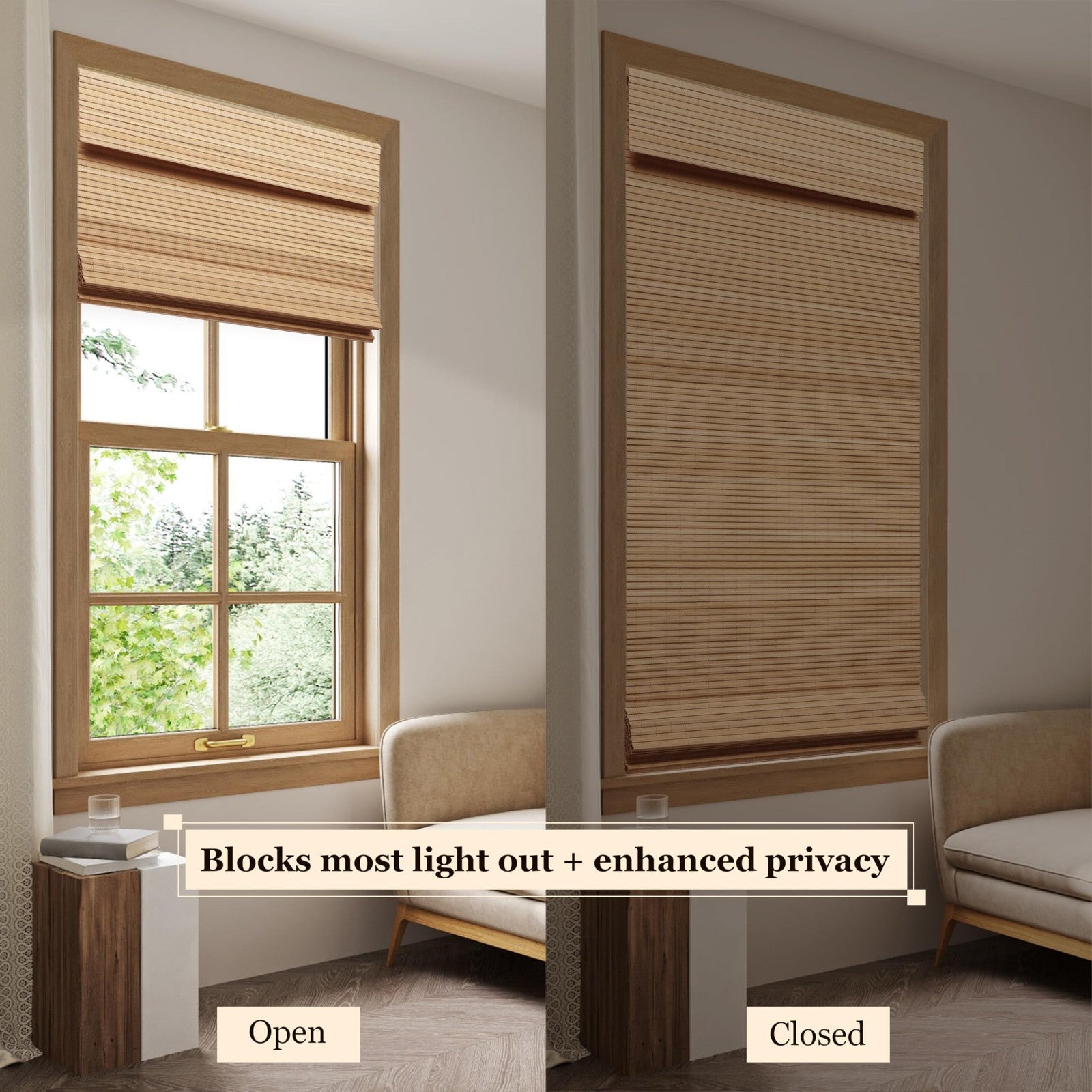 LUCKUP cordless bamboo Roman blinds shade for indoor windows, black-out room dark, with natural bamboo texture and sleek black finish.