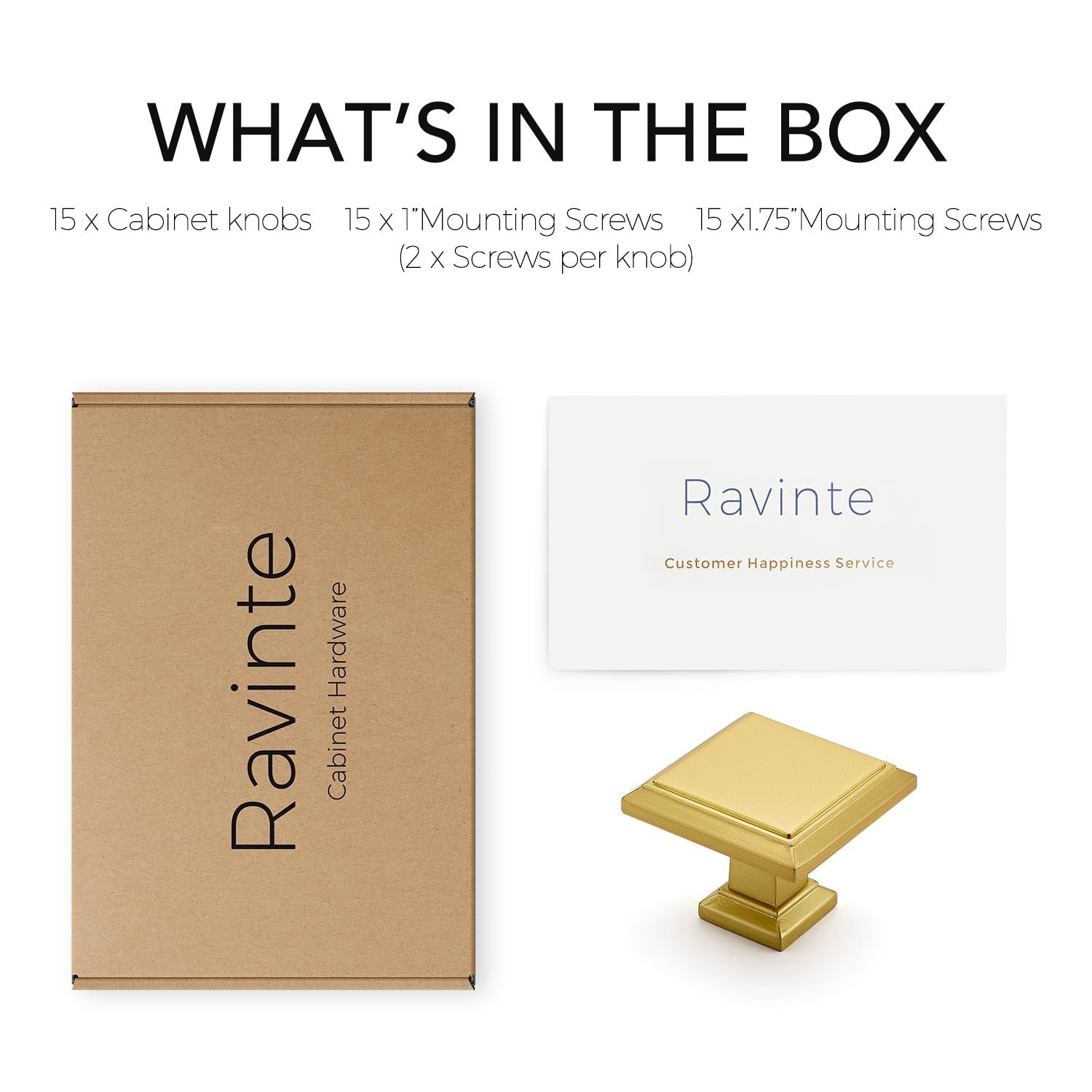 Set of 15 Ravinte brushed brass kitchen square cabinet knobs, solid metal drawer pulls with a sleek, modern design.