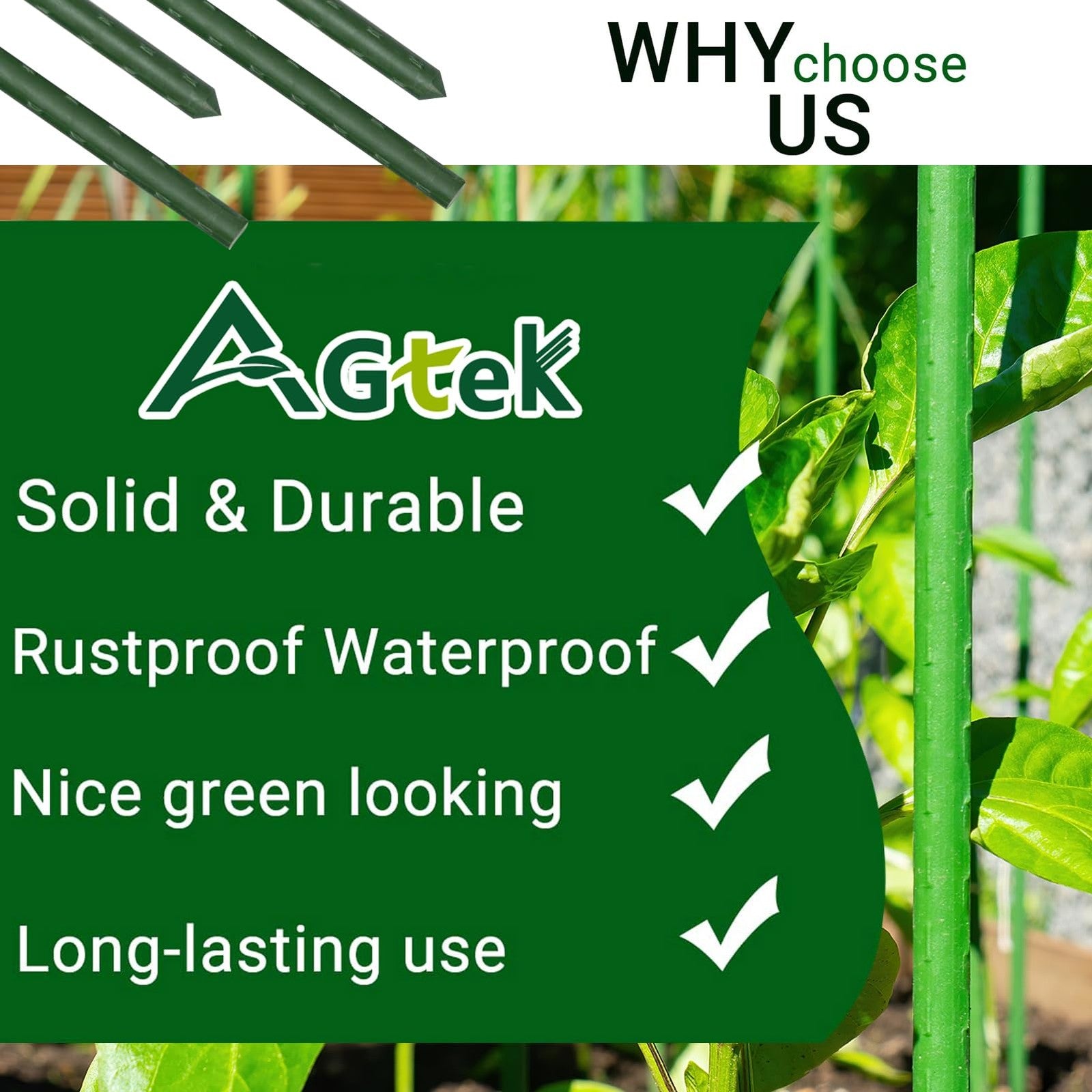 AGTEK 48-inch plastic-coated steel garden stakes, 50-pack, suitable for supporting plants and garden growth.