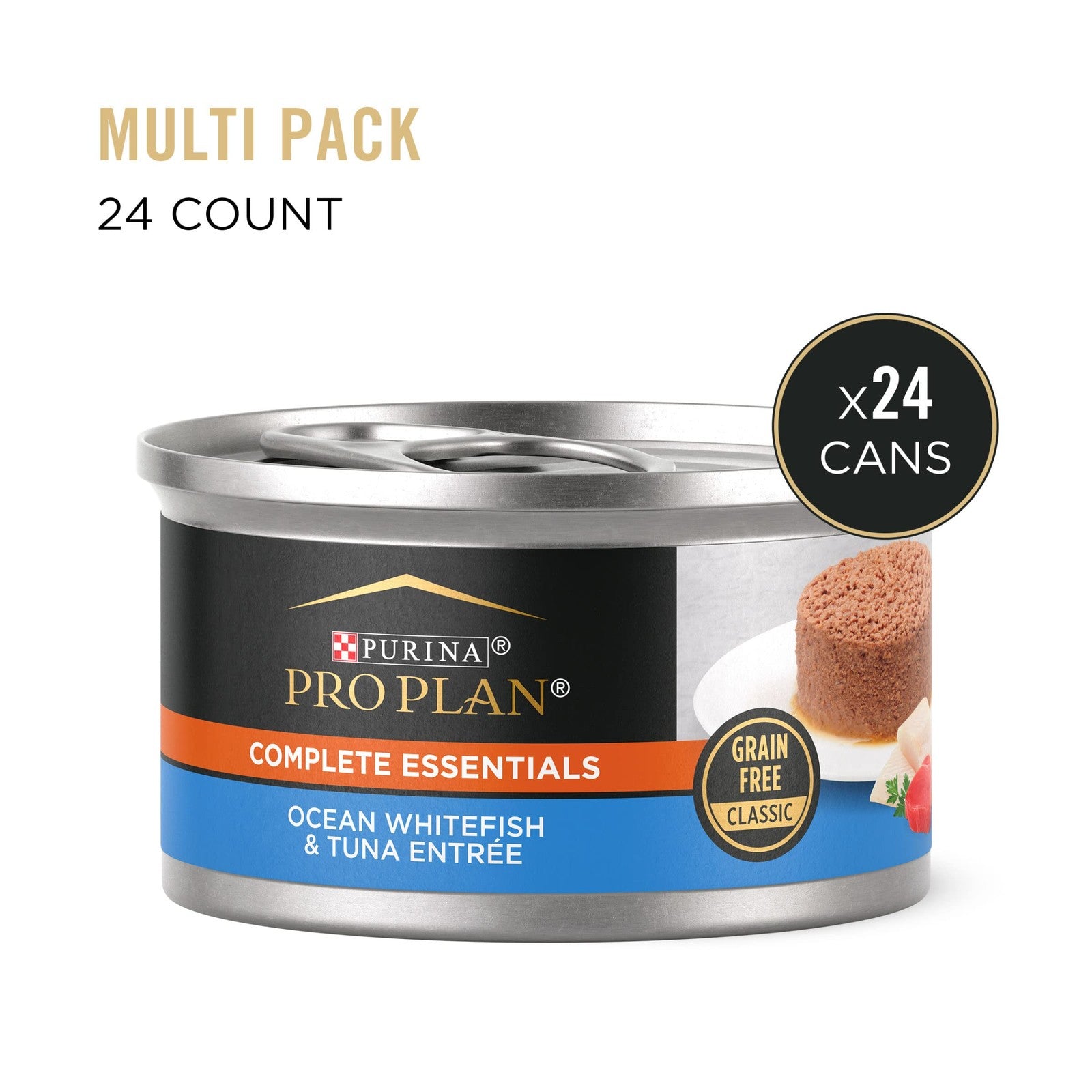 Cans of Purina Pro Plan grain-free wet cat food with ocean whitefish and tuna pate, 24-pack.