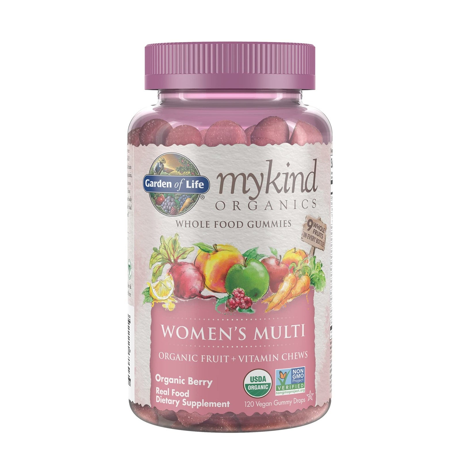 Garden of Life Women's Gummy Vitamins in berry flavor, featuring colorful organic berry-shaped gummies on a white background.
