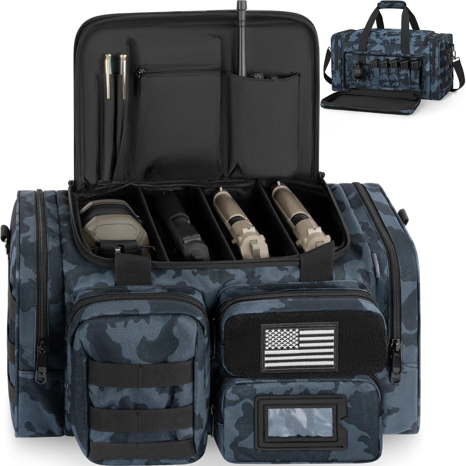 OUUTMEE tactical pistol range bag with compartments for four handguns, durable shooting duffle for gun storage and transport.