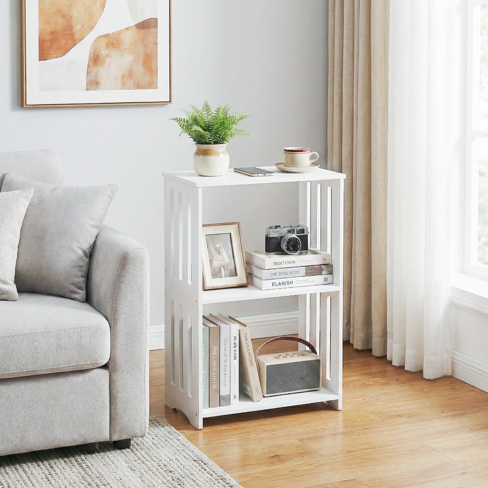 HAYOFAMY 3-tier white end table set of 2 with small bookshelf design, featuring compact side tables with multiple shelves.