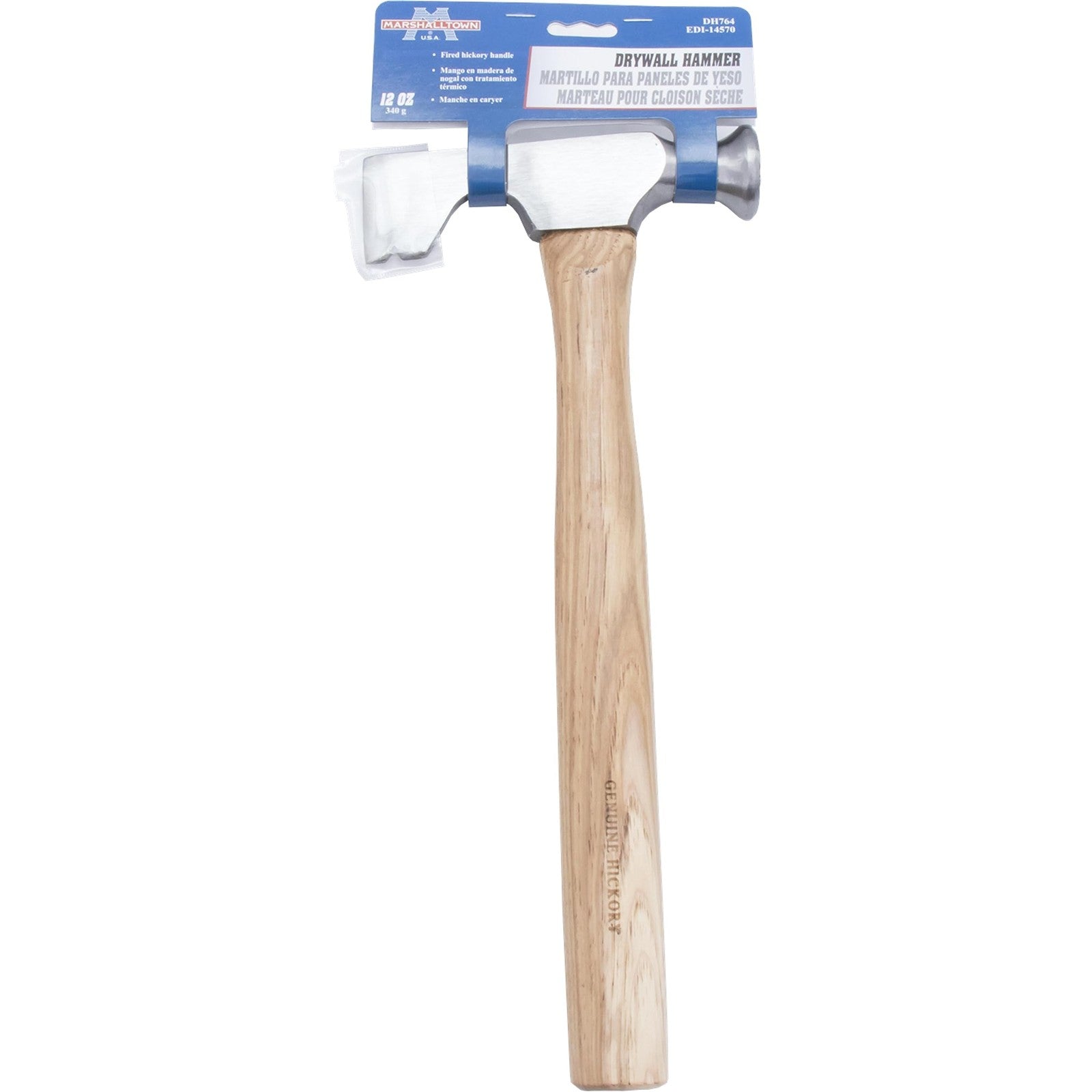 Marshalltown drywall hammer with 13.25-inch Hickory handle, featuring a sturdy metal head for drywall installation and demolition.