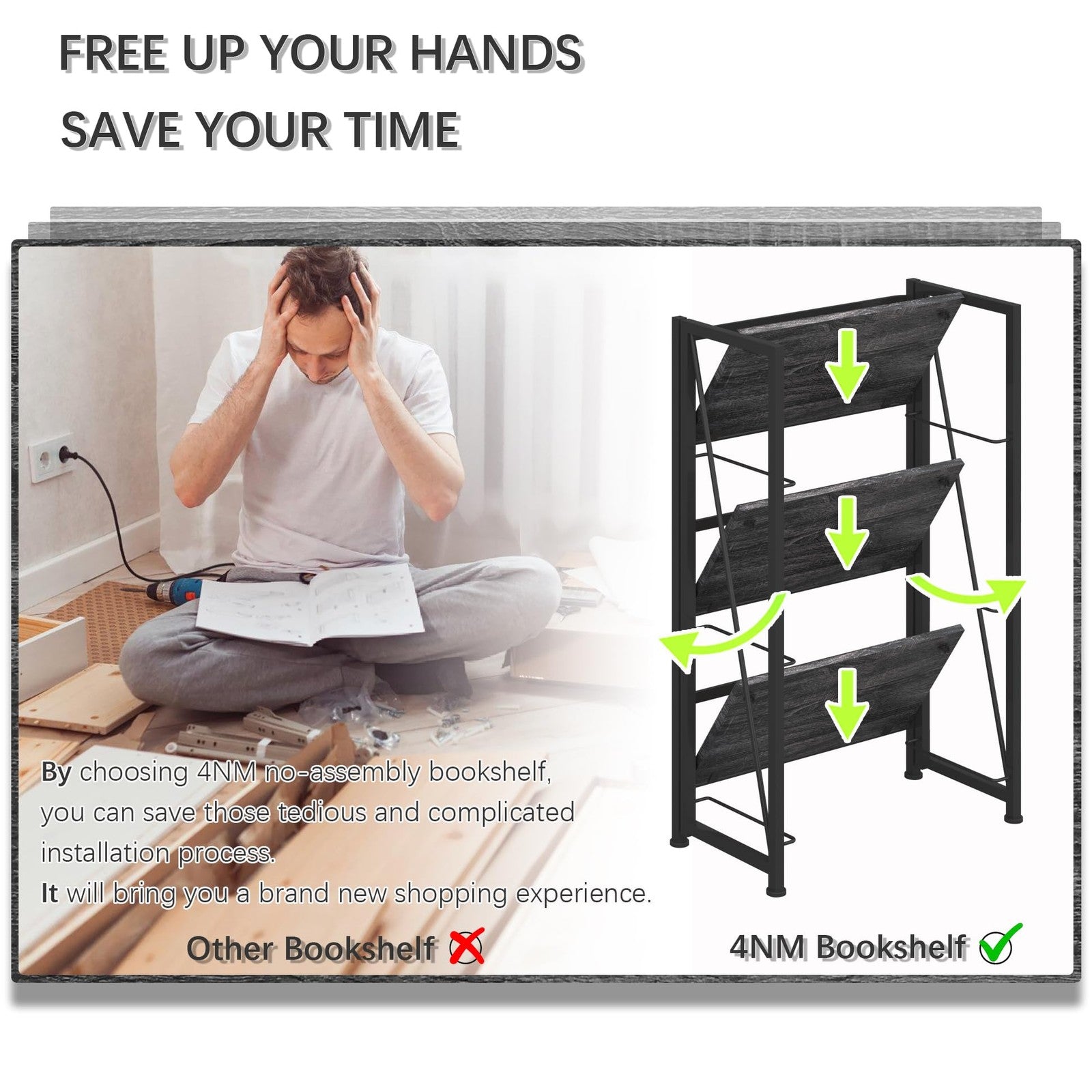 4NM 4Nm folding vintage bookshelf with three tiers, compact design, and no assembly for stylish book storage.