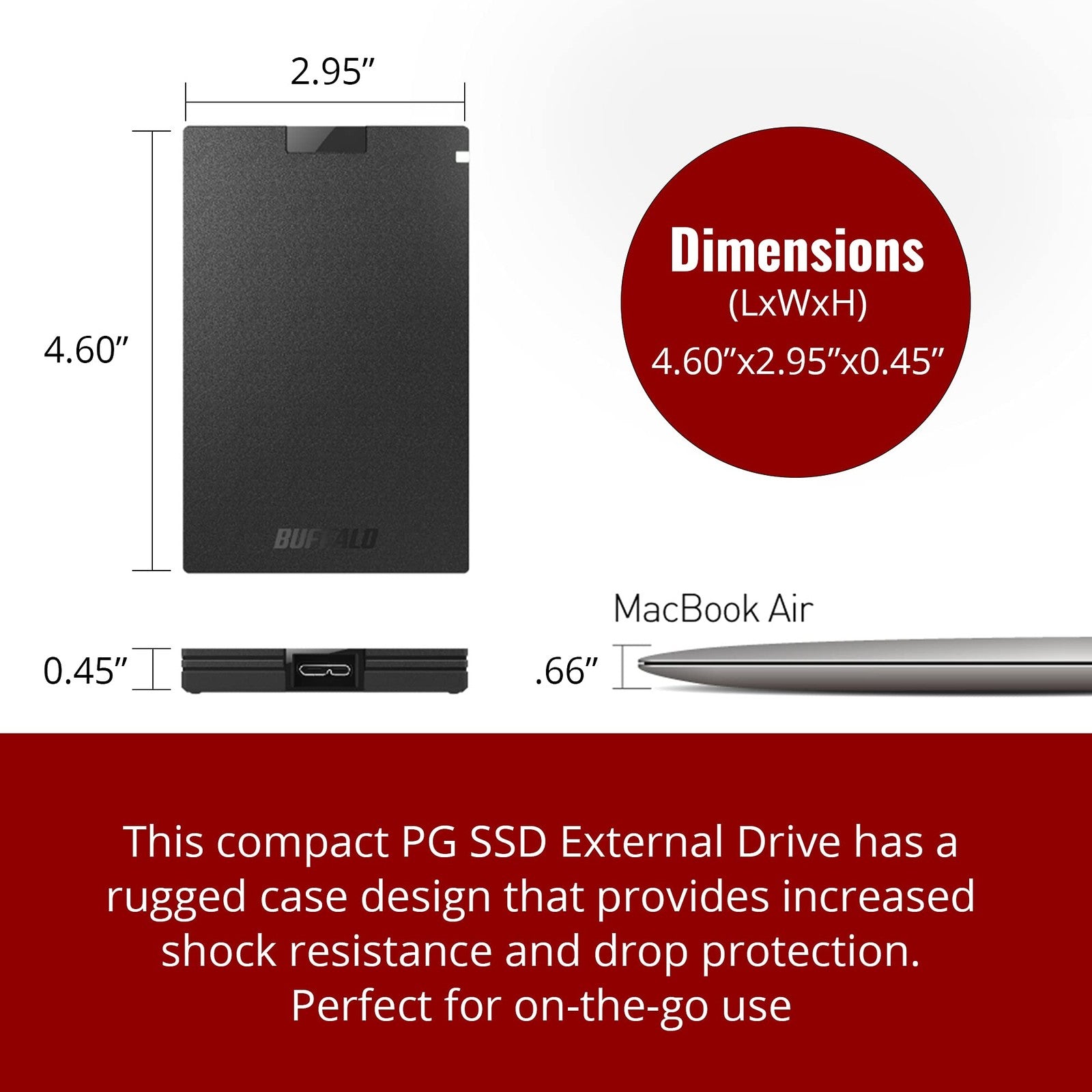 BUFFALO 1TB external SSD with USB-C and USB-A ports, compatible with PS4, PS5, Windows, and Mac devices.