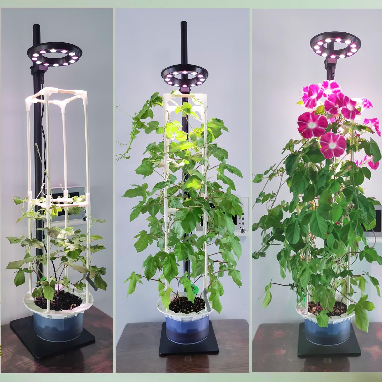 E SUPEREGROW indoor plant hydroponics tower kit with grow light for herbs and vegetables, showcasing stacked plant containers.