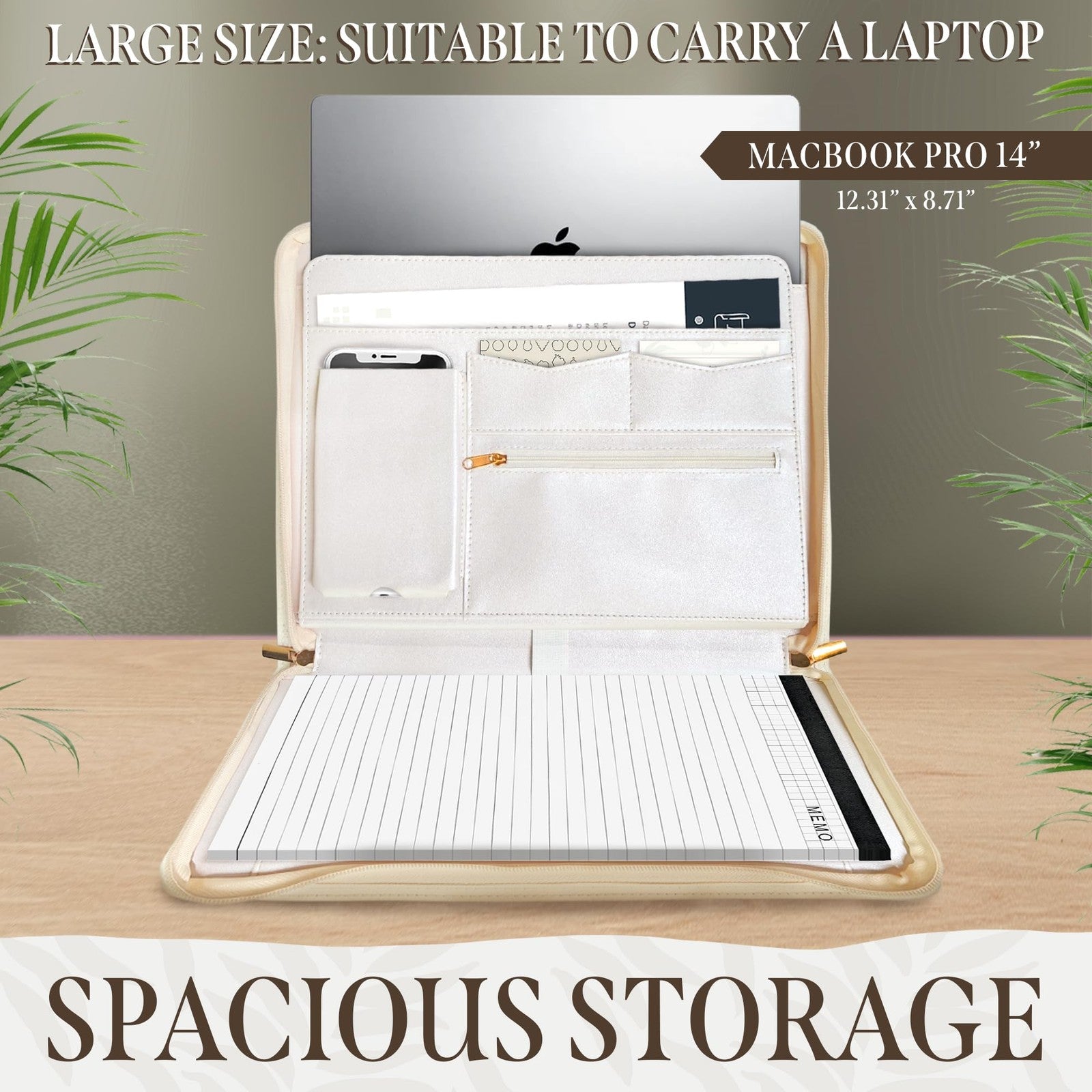 Beige leather women's padfolio with zipper binder and organizer for documents and stationery, featuring a functional zip design.