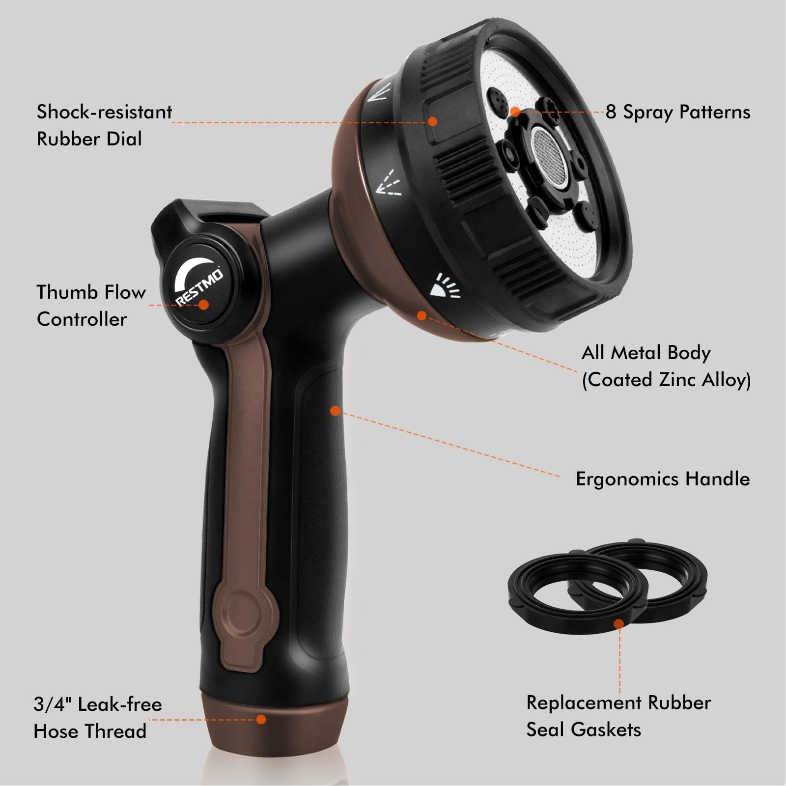 Restmo metal shower hose nozzle with 8 spray patterns for garden hoses, featuring a durable metal construction and ergonomic design.