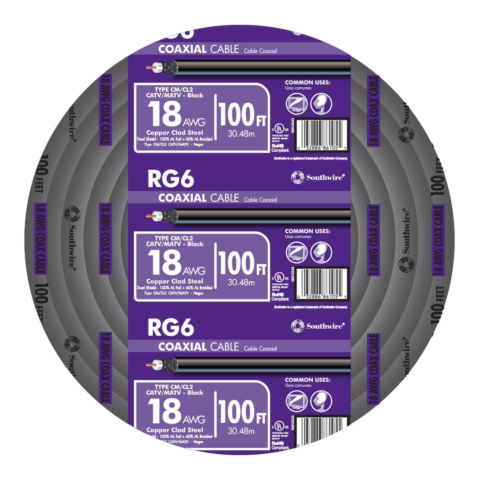 Southwire RG6 Quad Shield CATV communication cable coil, 100 ft length with shielding and connectors visible.