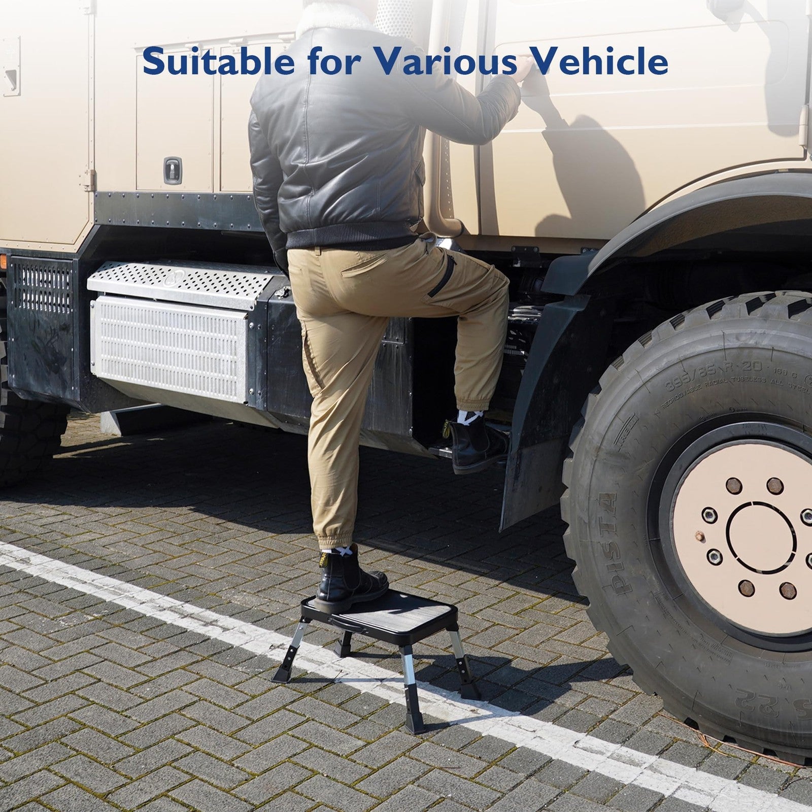 BONTEC folding metal step stool with three adjustable levels and anti-slip platform for stable use.