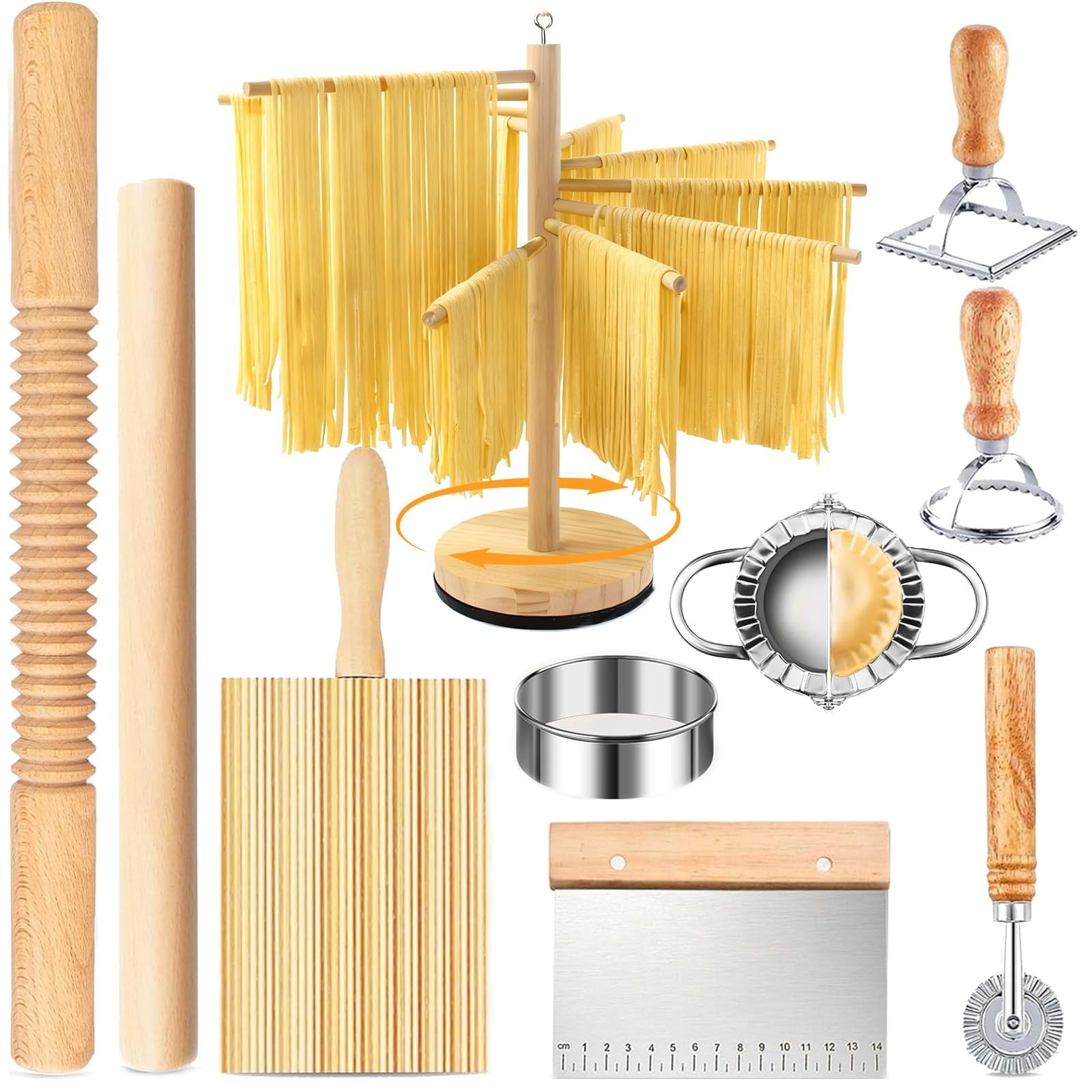 DthwagfL 10-piece pasta making kit with rolling pins and drying rack, including various pasta tools and accessories for homemade pasta.